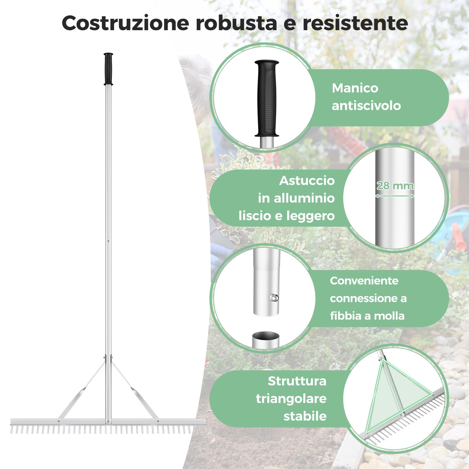 COSTWAY Rastrello da Giardino, Rastrello in Alluminio con Testa Larga 91 cm, 36 Denti, Manico Lungo 174 cm, per Allentare il Terreno, Cura del Prato, Cura del Lago Stagno Spiaggi