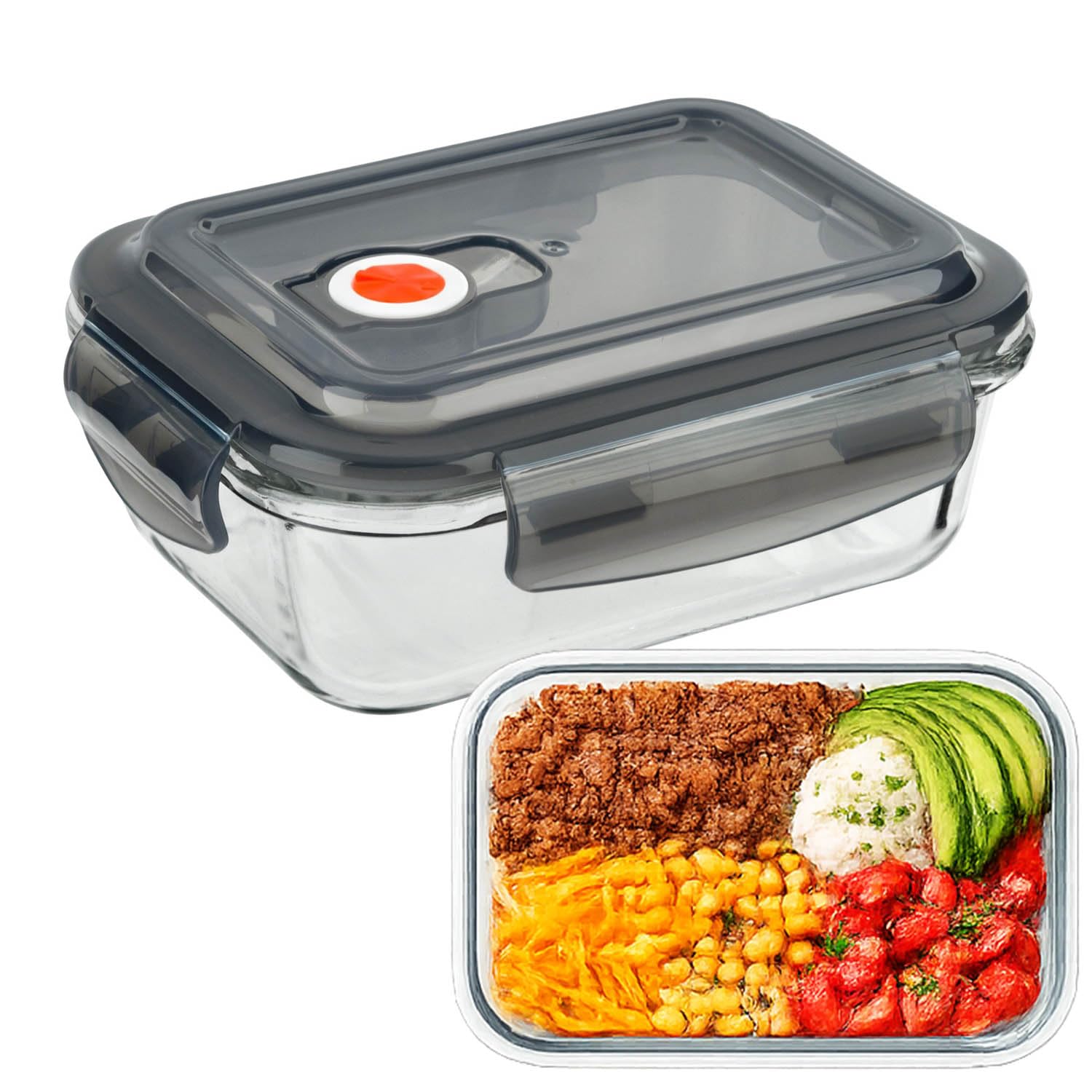 UHL Glass Meal Prep Containers with Lids, 620ml Airtight Glass Food Storage Container, Leak Proof Plastic Vented Lid, Bento Takeaway Lunch Boxes, Microwave / Oven / Freezer / Dishwasher Safe