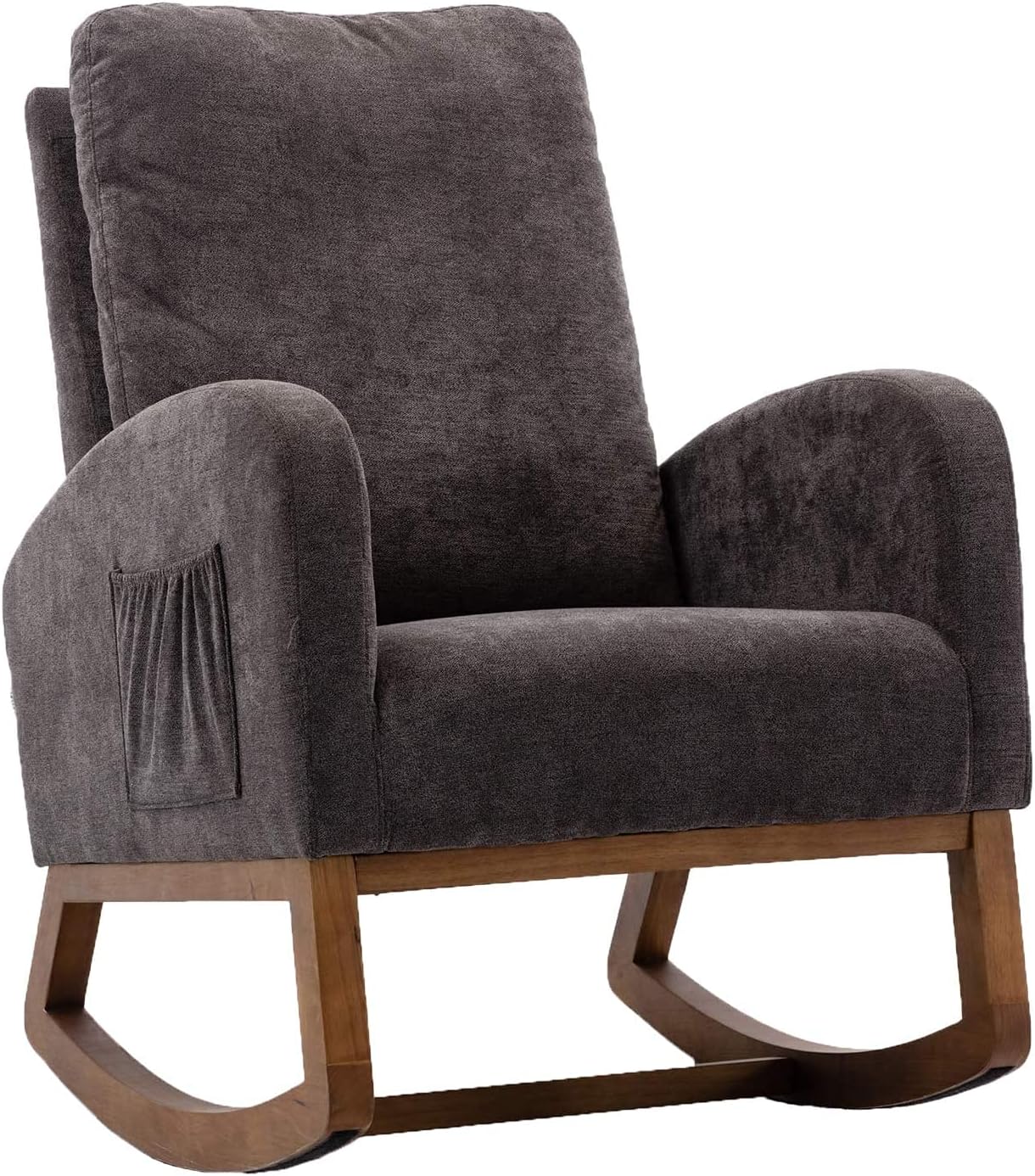 Pannow Upholstered Rocking Chair Mid-Century, Modern Nursery Rocking Armchair, Upholstered Tall Back Accent Glider Rocker with 2-Side Pocket for Bedroom Living Room Lounge