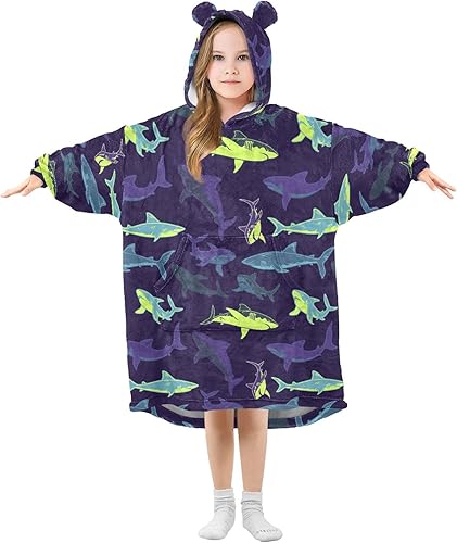 Mantas de tiburón para niños, manta de franela de gran tamaño con capucha para niños, manta cálida con capucha para niños y niñas con bolsillos