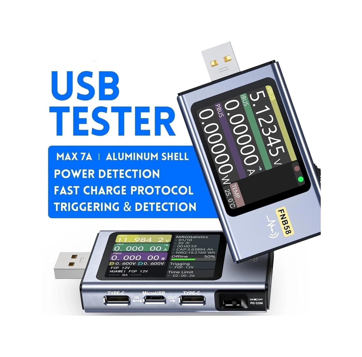 USB 테스터 FNB58 USB 테스터 전계 전류계 TYPE-C 급속 충전 출 트리거 용량 측정 리플 측정 컴팩트하고 휴대용(FNB58  BLUETOOTH)-Freehip.co.kr