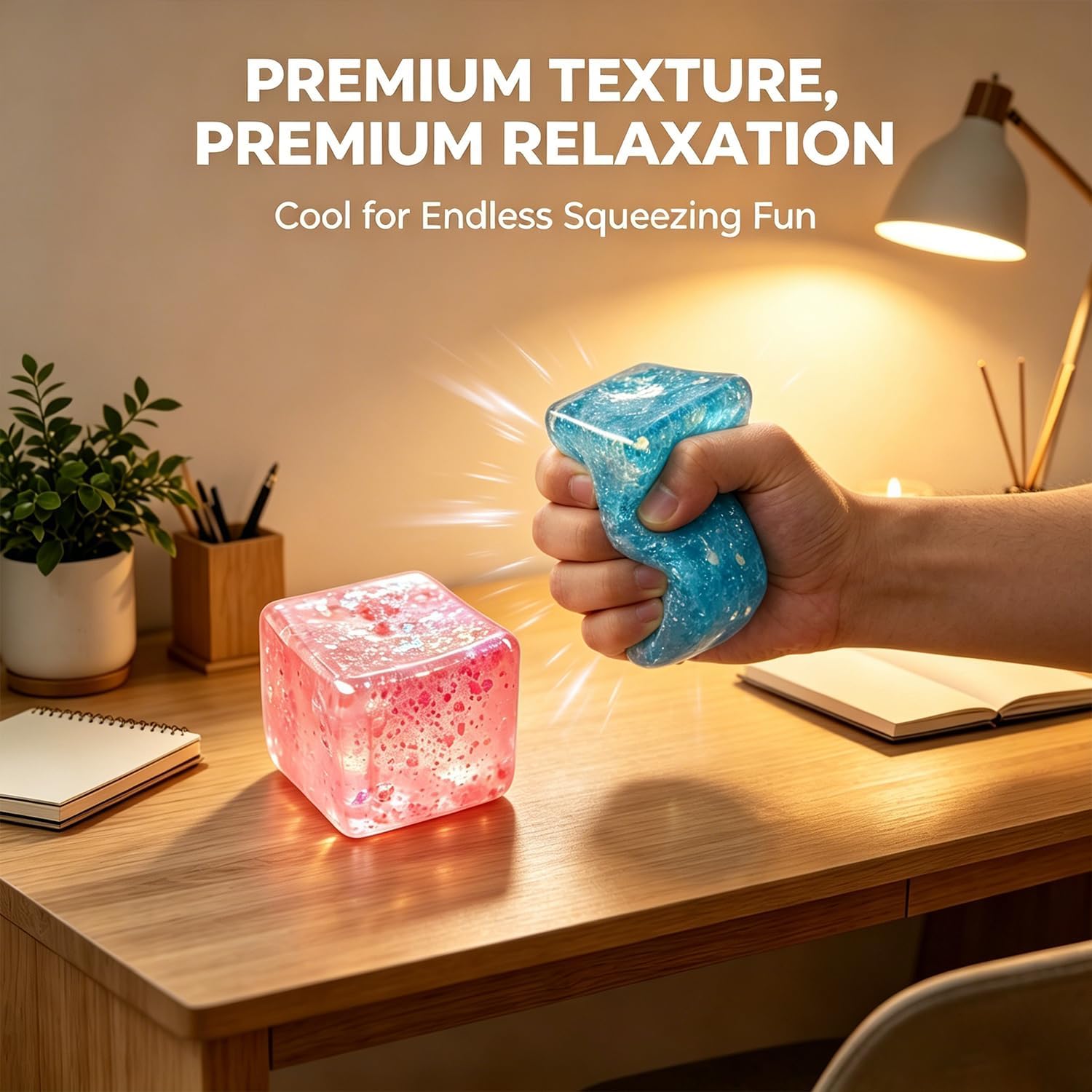 Premium Block Cube Squishy – Ice Cube Squishies for Adults, Squishy Cube, Stress Cube, Sensory Fidget for Stress Relief, Focus & Play (Blue & Pink, 2PCS)
