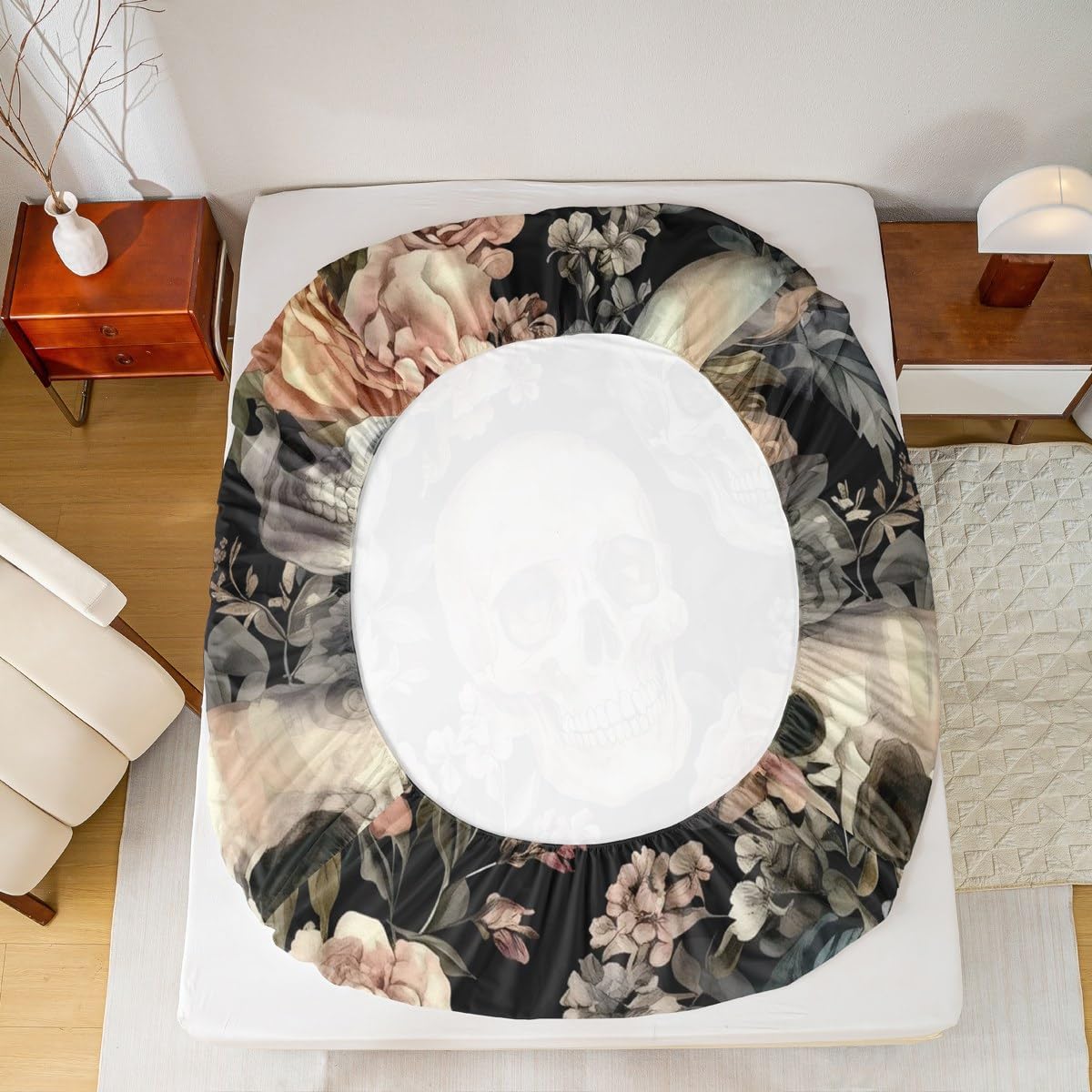 Happy Halloween Kids Fitted Sheet Queen Size,Human Skeleton Rose Flowers Trippy Bedding Set,Girls Boys Room Decor,Skull Leaf Botanical Gothic Black Pink Bed Sheet,2 Pillowcases(No Flat)