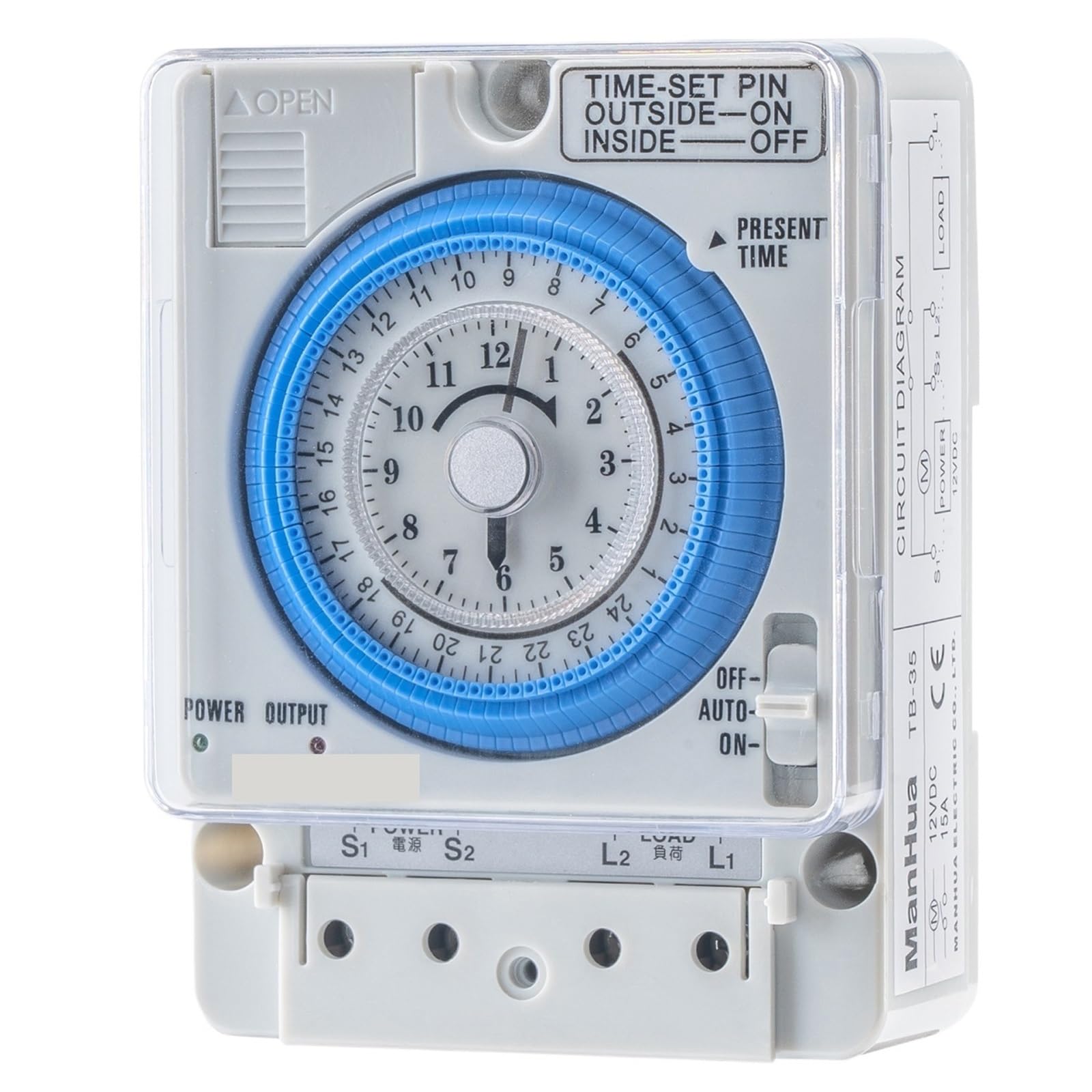 TB35 analogowy wyłącznik czasowy do szyny DIN 24h 12 V DC 15 A, mechaniczny regulator czasu