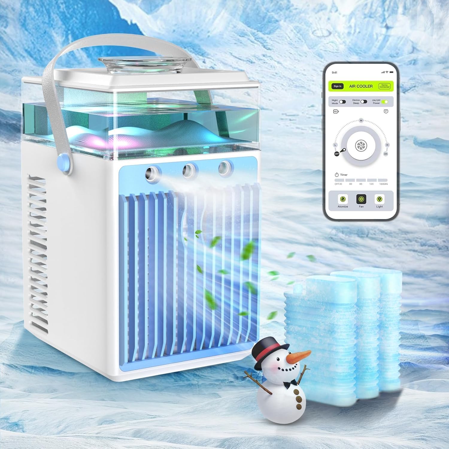 Aire acondicionado portátil, mini ventilador de aire acondicionado 5 en 1 con 3 velocidades, 3 pulverizaciones, control por aplicación y temporizadores, enfriador de aire evaporativo silencioso