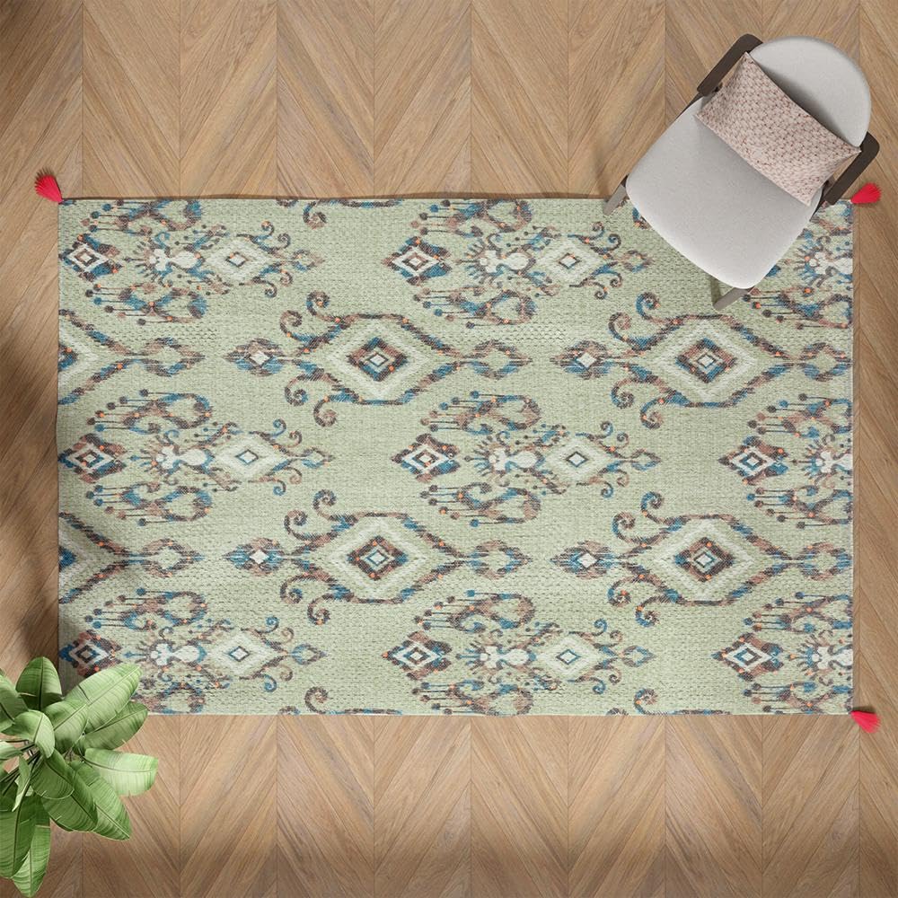 Handmade Printed Dhurrie | Carpet Rug Runner Floor Mat for Living Room, Bedroom| Perfect for High-Traffic Areas | Soft, Easy-Care, and Stylish Tassels | Polyester | Rectangle Classico 4x6 Feet, Green