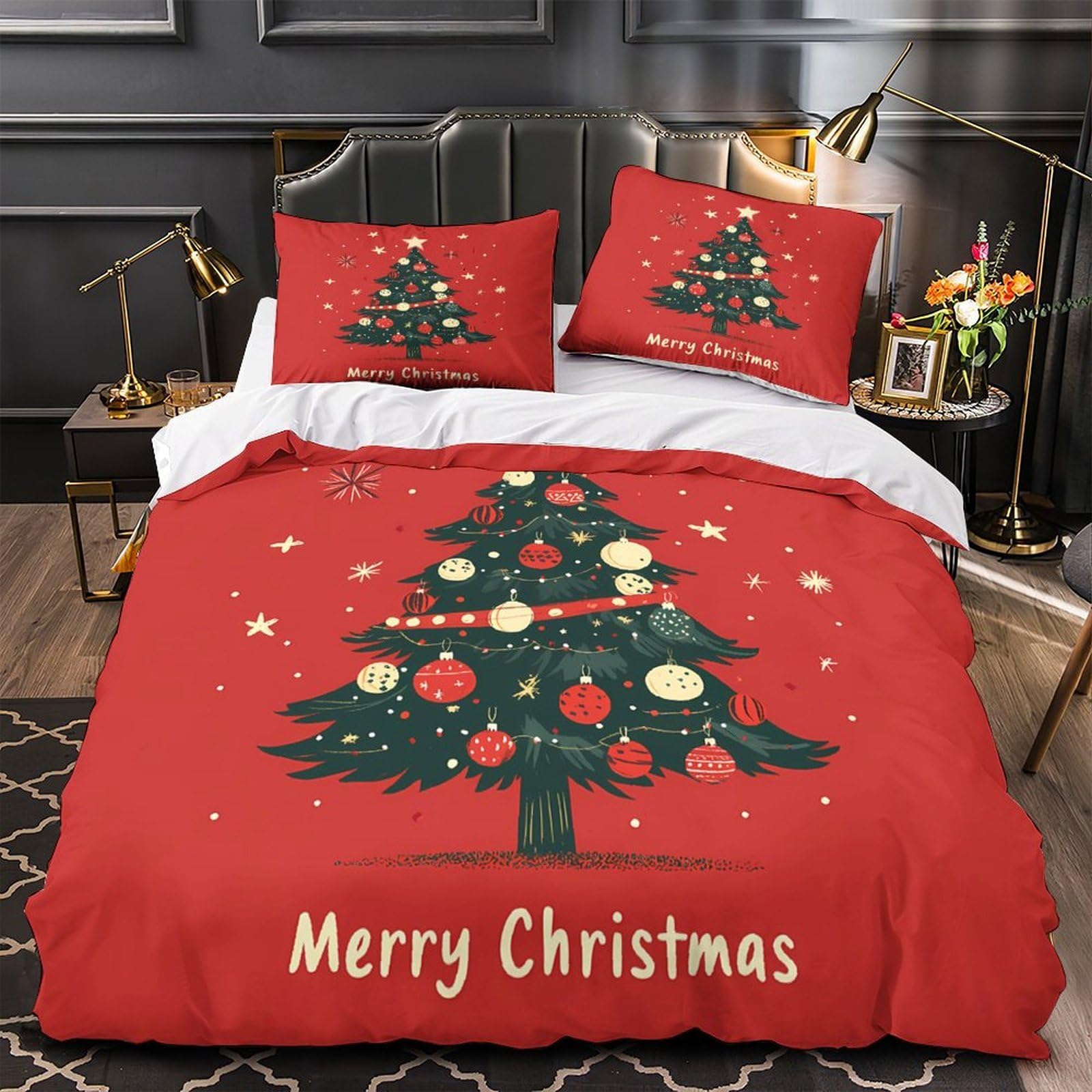 Parure de lit sapins de Noël 200x200 cm avec housse de couette en microfibre et fermeture éclair