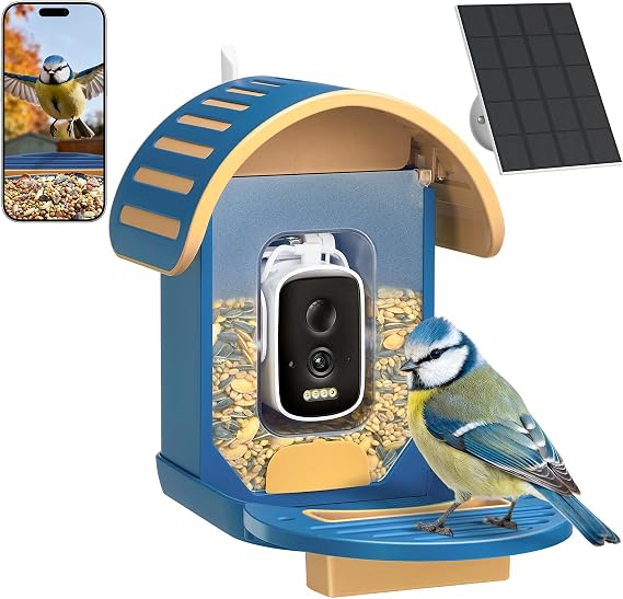 2.5K UHD Bird Feeder Camera Solar Powerd, Sensitive AI Identification, Smart Bird Feeder with Camera, Instant Alerts Capture Video, IP66 Waterproof for Outdoor, Blue