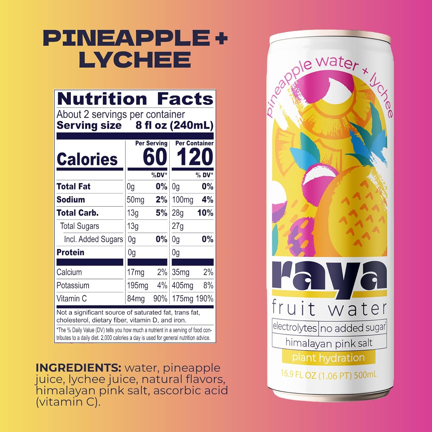 Raya Fruit Water, Pineapple + Lychee, 16.9 fl oz (12-Pack) – 55% Juice, No Added Sugar, Rich in Vitamin C & Electrolytes, Non-Carbonated Plant-Based Hydration