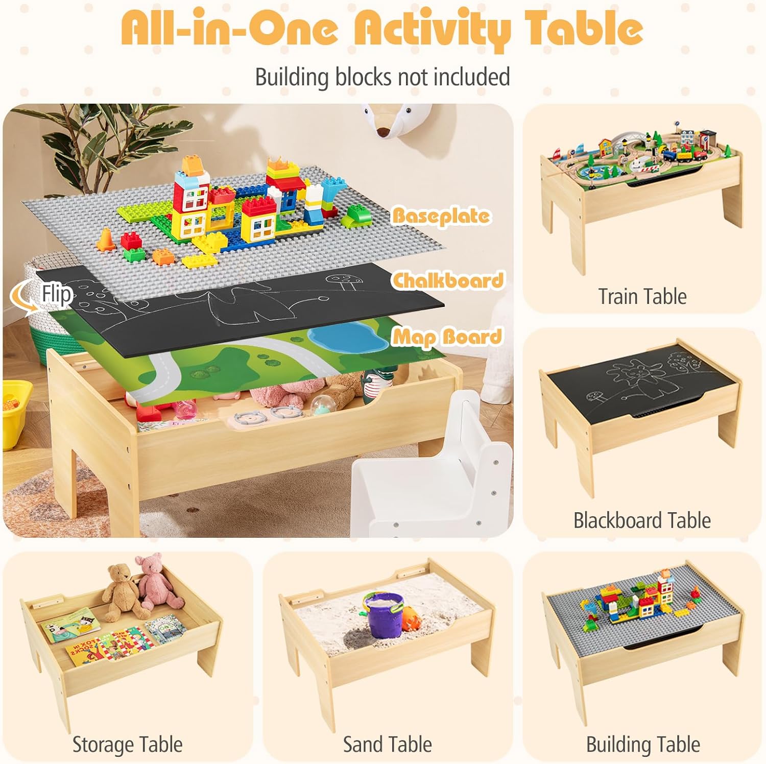 Costzon Train Table, 5 in 1 Kids Activity Wooden Set w/ 78 Pieces Railway Playset, Reversible Map Top, Blackboard, Building Bricks Station & Large Storage Space, Toddler Sensory Table for 18 M+