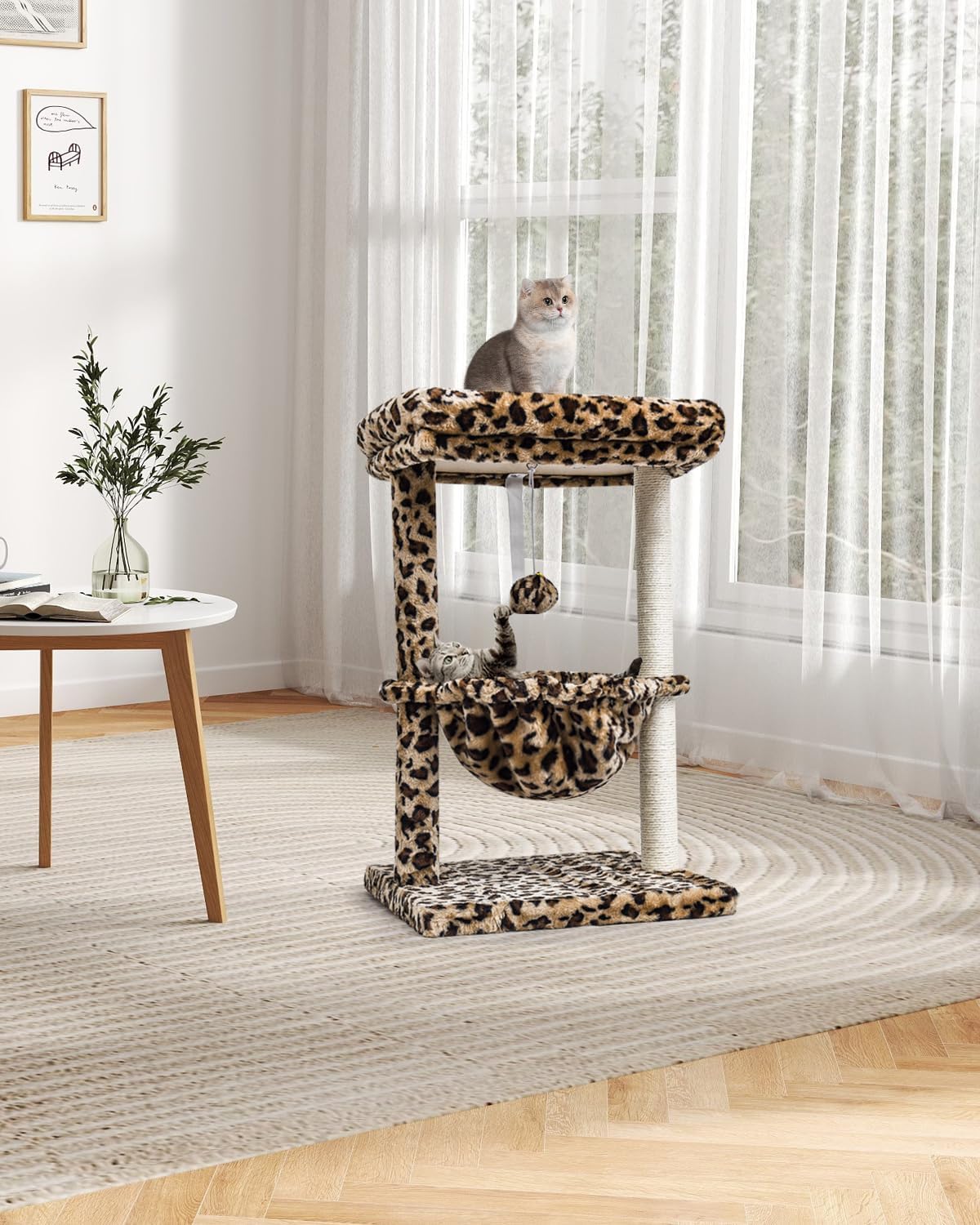 SYANDLVY Small Cat Tree for Indoor Cats, Unique Cheetah Leopard Print Cat Tree Tower for Kitties, Condo Furniture with Hammock & Sisal Scratching Posts