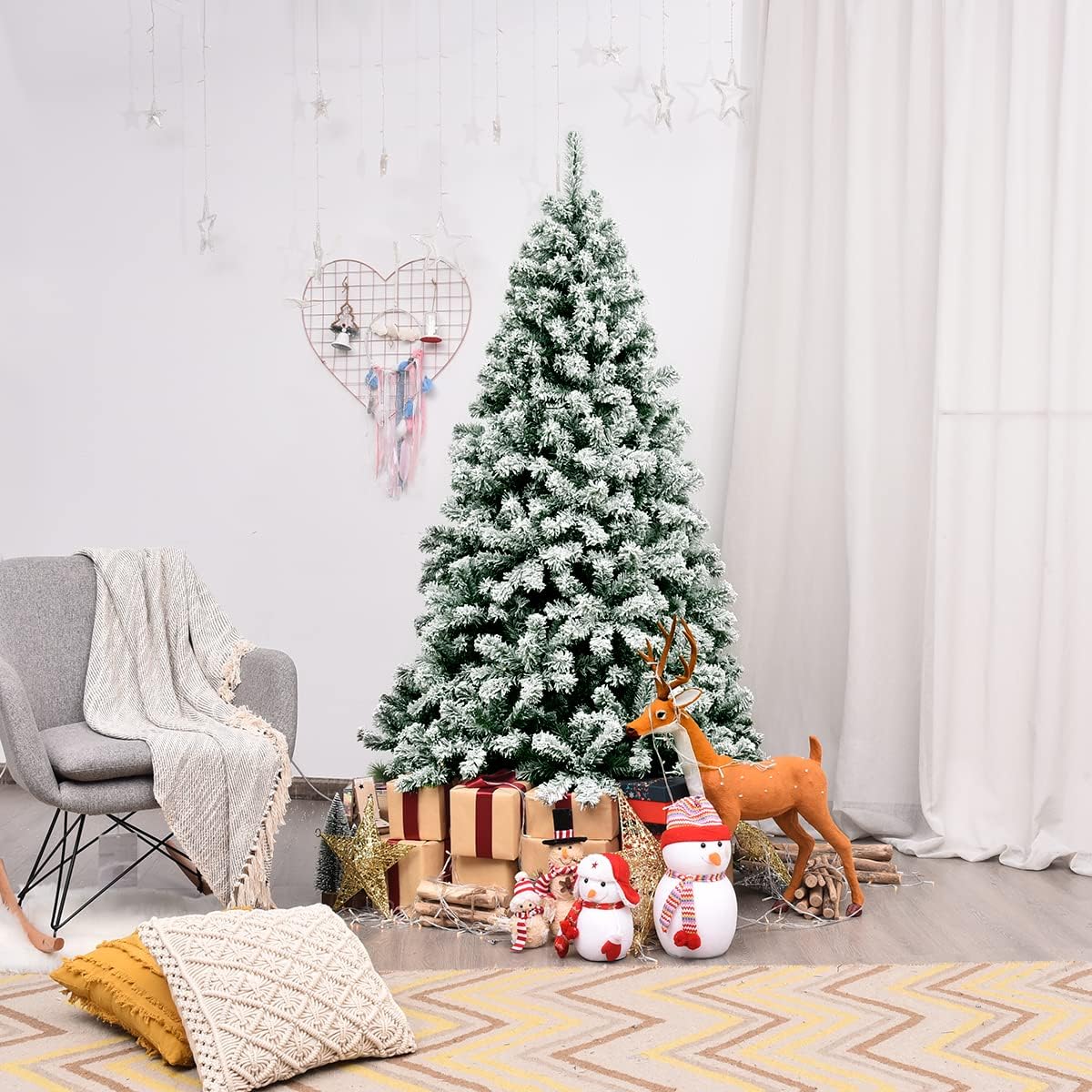 COSTWAY 135/180/225cm Künstlicher Weihnachtsbaum mit Schnee und warmweißen LED-Leuchten, Tannenbaum mit Metallständer, Christbaum PVC Nadeln, Kunstbaum Weihnachten grün (180cm)