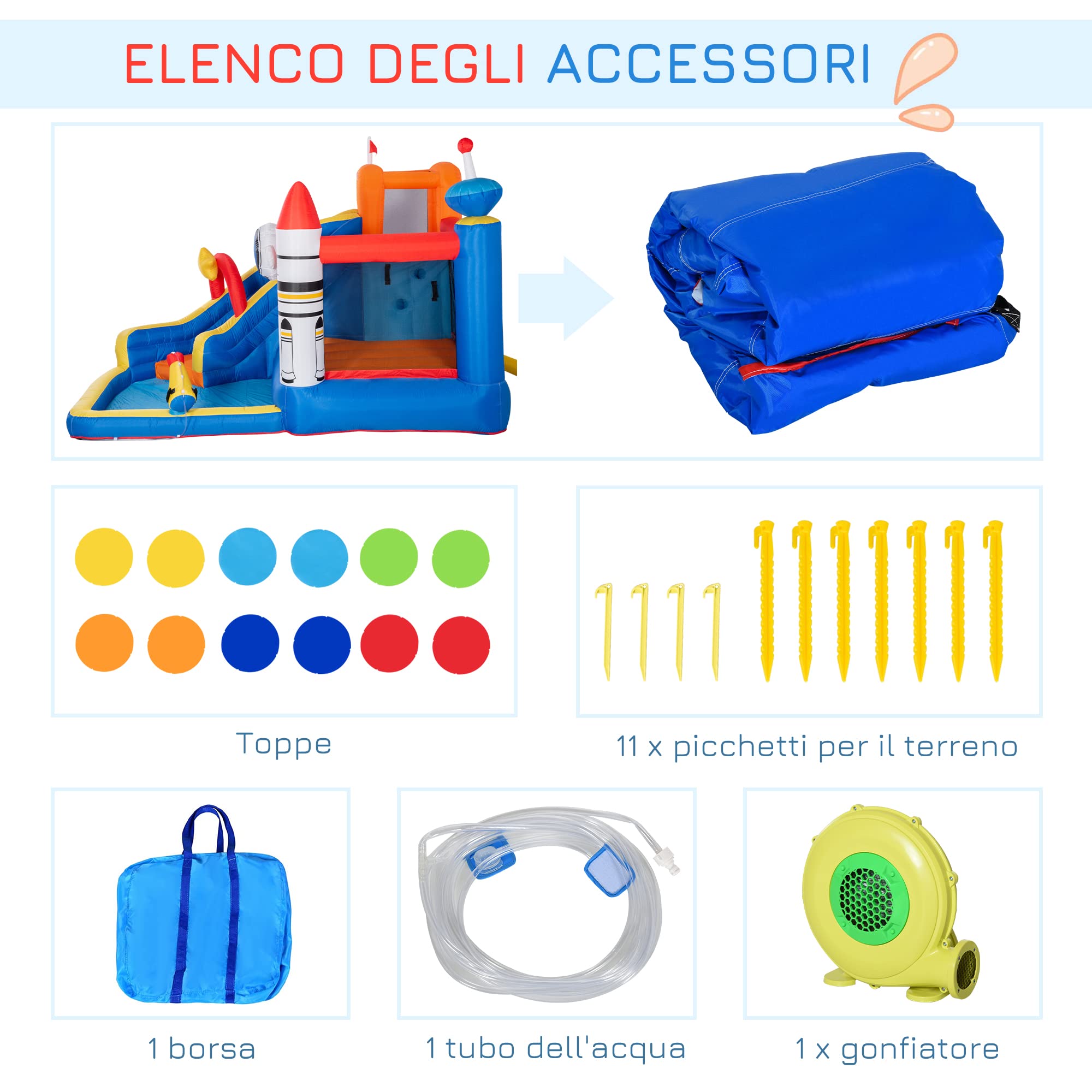 Outsunny Castello Gonfiabile per Bambini 3-8 Anni a tema Spazio con Borsa da Trasporto, 11 Paletti e Toppe Inclusi, in Tessuto Oxford, 340x270x227 cm
