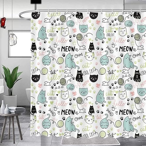 MEHOFOND Cortina de ducha con diseño de gato para niños y niñas, con diseño de pata de mascotas, divertida cortina de ducha lavable y duradera, 72 x