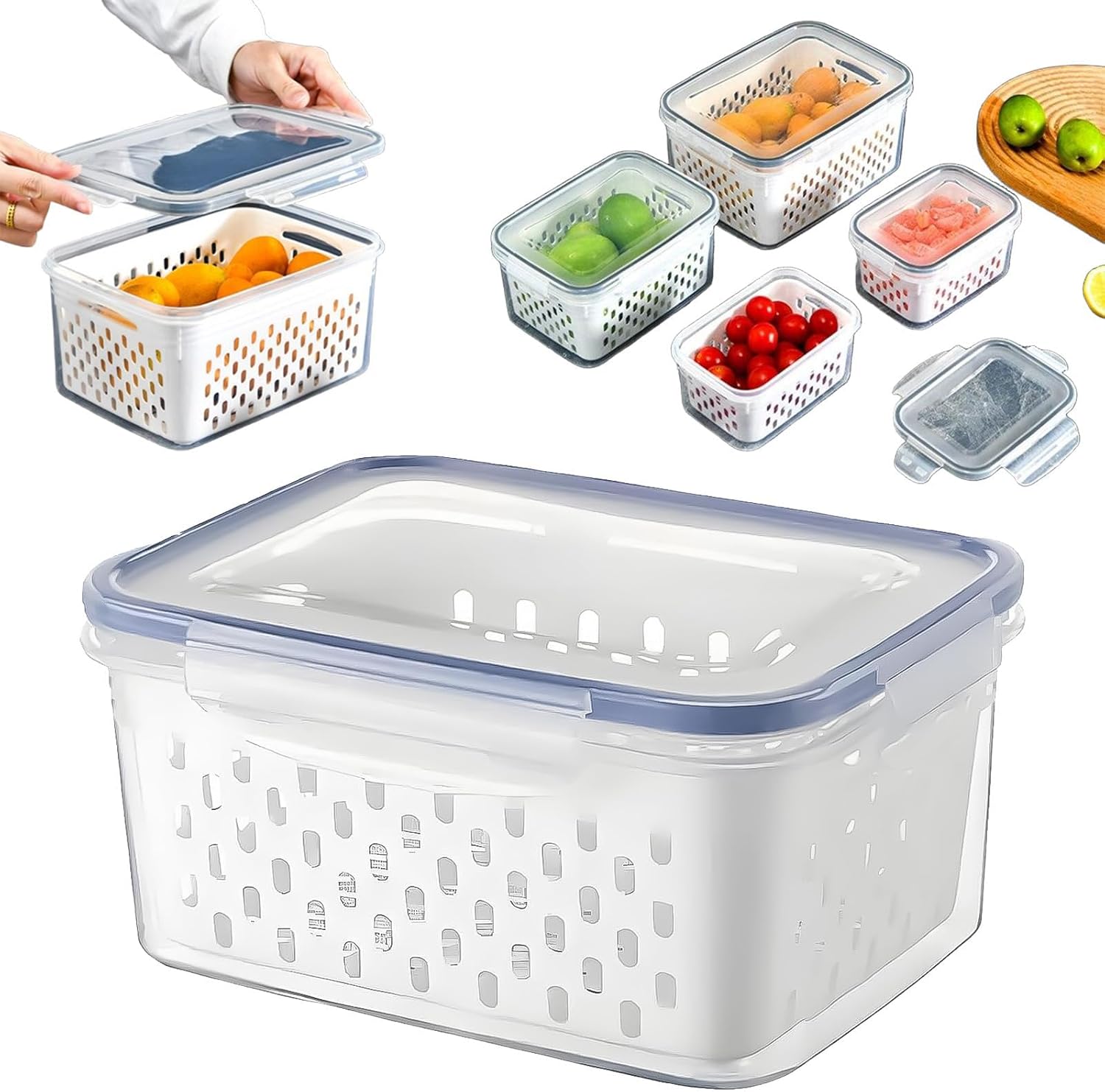 4 in 1 Food Storage Containers with Lids, Fruit and Vegetable Organizer for Fridge, Plastic Fruit Containers with Removable Colander, Household Transparent Plastic Food Storage Box (Blue, Mix)