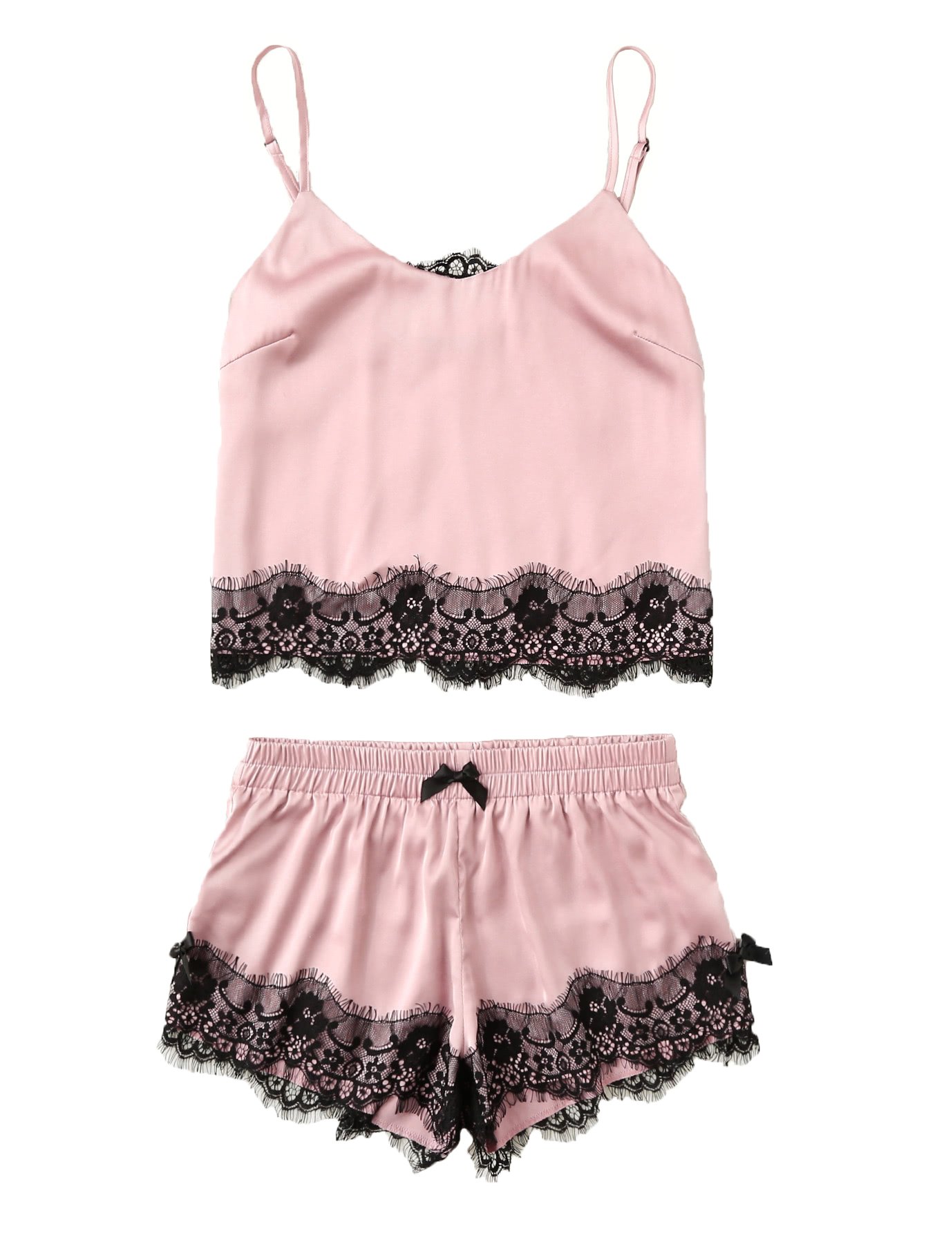 MakeMeChic Women's Lace Satin Sleepwear Cami Top and Shorts Pajama Set