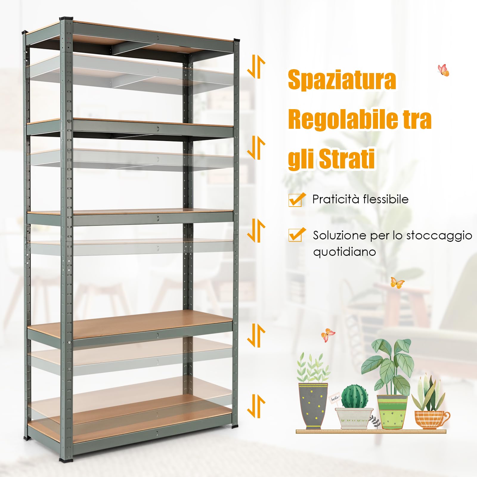 GYMAX Scaffale in Metallo per Garage per Carichi Pesanti 5 Ripiani per Magazzino, Carico 875kg, 90x40x180cm (Grigio)