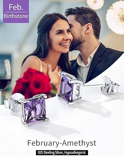 Miniatura 5 de ChicSilver Aretes de plata de ley 925 con forma de corazón brillante, redondaprincesa con piedra natal para mujer, joyería de cumpleaños