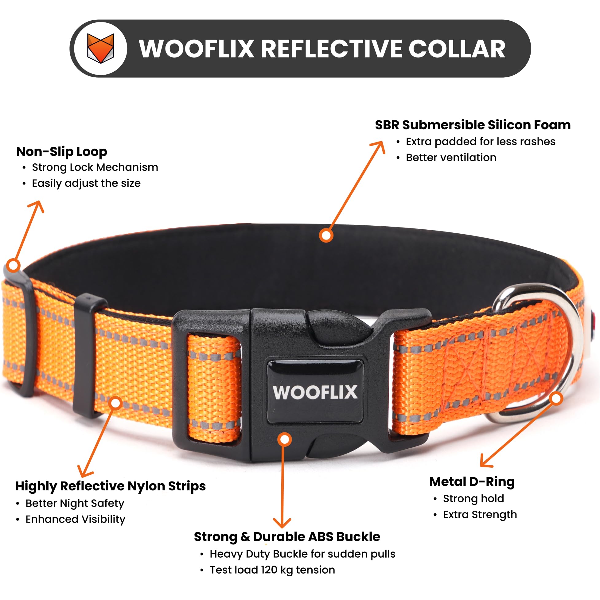 WOOFLIX Reflective Dog Collar For Training And Walks|Adjustable Nylon Training Collar With Tactical Buckle And D-Ring For Medium And Large Dogs|Reflective Dog Collar|(Large, Orange, 13 Cm X 15 Cm) 1
