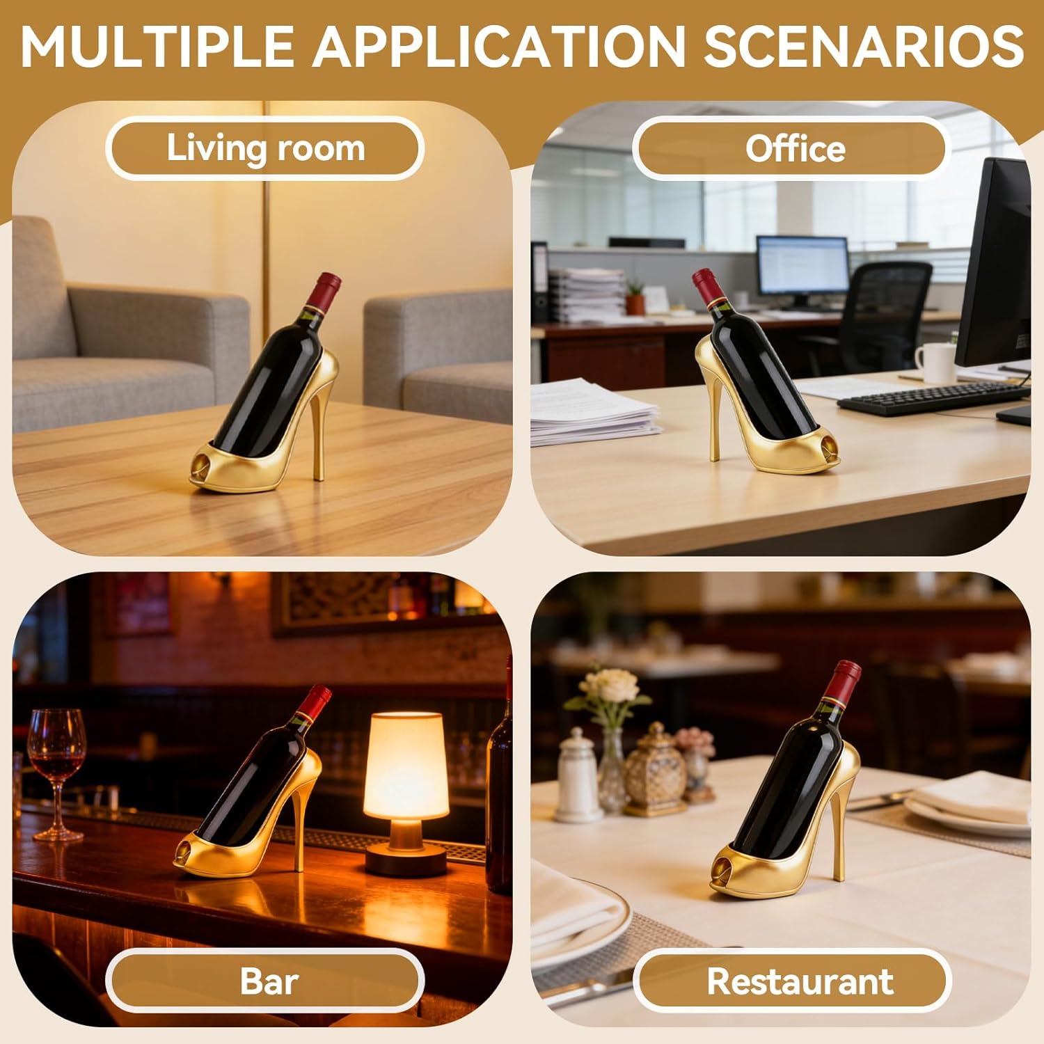 Wine Bottle Holder, Highheeled Shoe Shape Wine Rack Countertop Storage Stand for Kitchen Restaurant Bar Hotel (Gold)