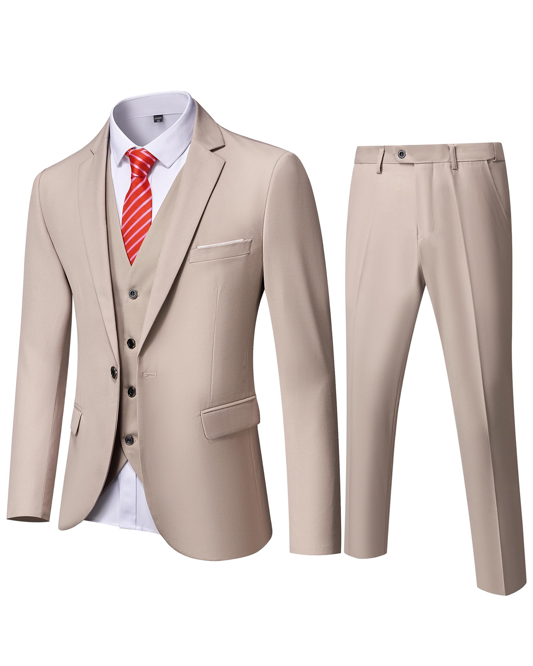 YNDMen's Slim Fit 3 Piece Suit, One Button Solid Jacket Vest Pants Set with Tie