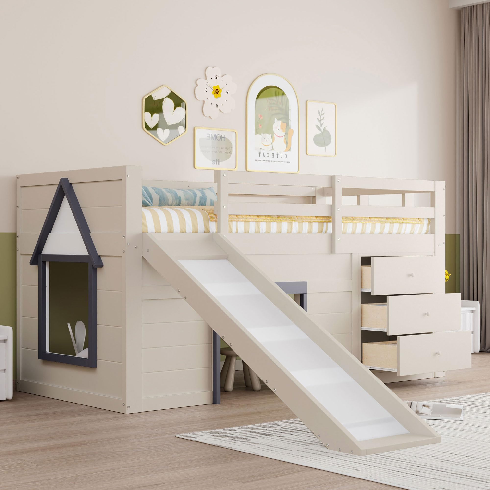 Merax Kinderbett 90x200 Funktionsbett Kinder Hochbett mit Rutsche, Stauraum, Unterhaltungsbereich unter dem Bett - Holzbett mit Lattenrost, Leiter und Rausfallschutz, Kiefer, ohne Matratze, Creme