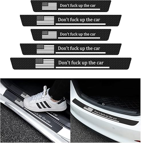 AUCELI 4 protectores de umbral de puerta de automóvil y 1 protector de parachoques trasero, tiras de fibra de carbono antiarañazos, calcomanía de