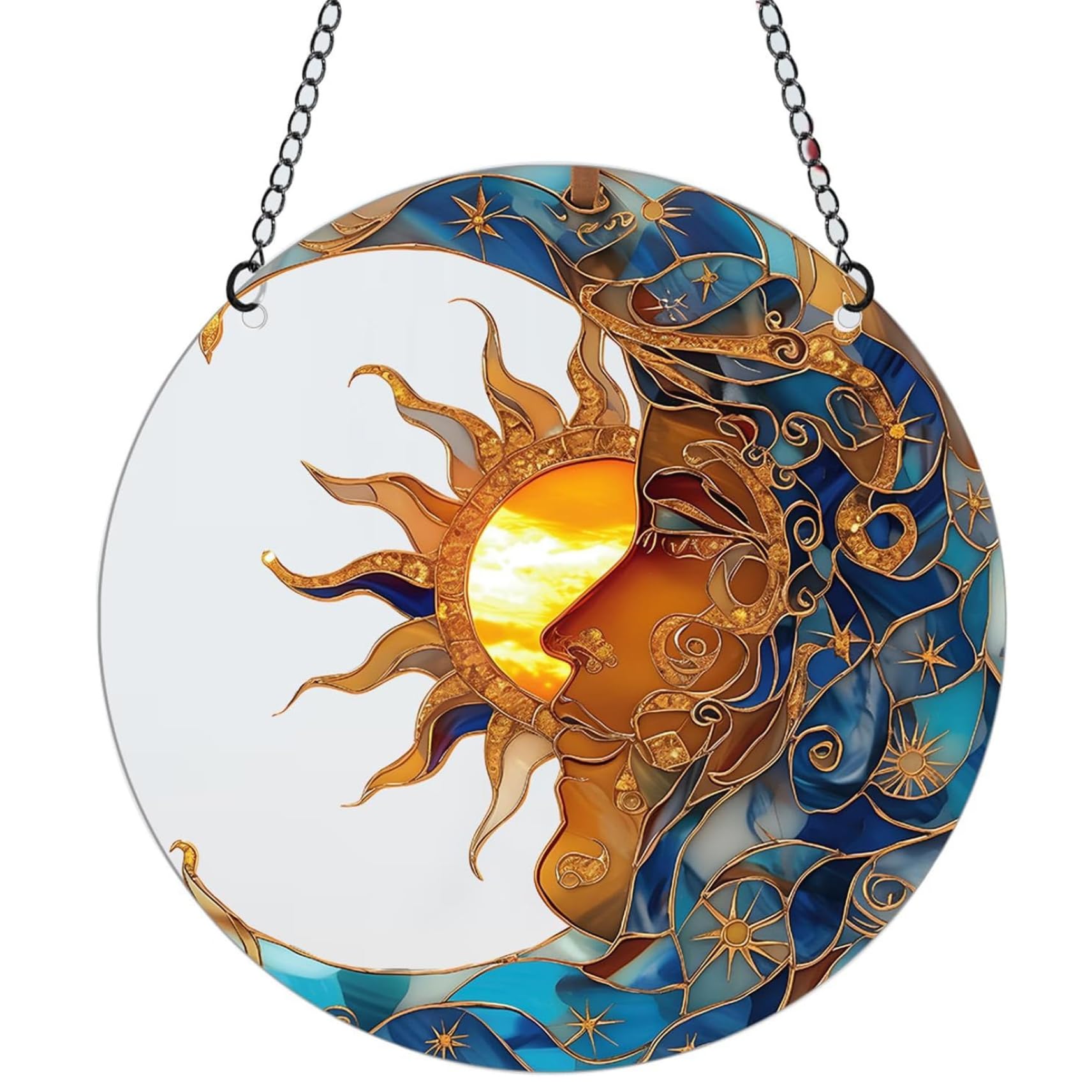 Bemonew Sun and Moon Decor Sun and Moon Stained Glass Suncatchers Acrylic Window Hanging Decor with Chain, Vibrant Garden Ornament for Home
