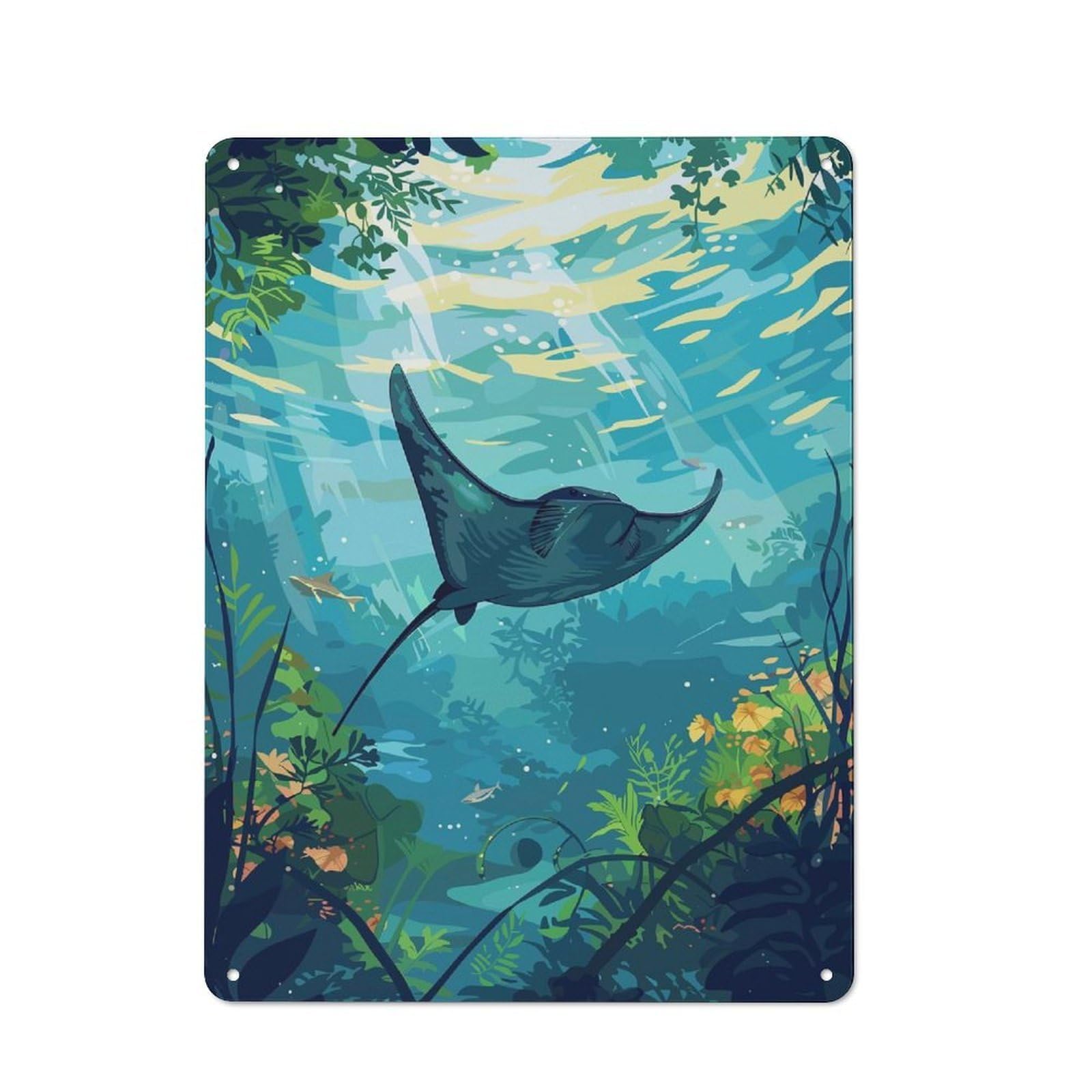 Junmoney Style-17 40X30cm Rustic Tin Sign With Underwater Manta Ray For Home Office Or Studio, For Metal Sign Collectors, For Garage And Workshop Walls
