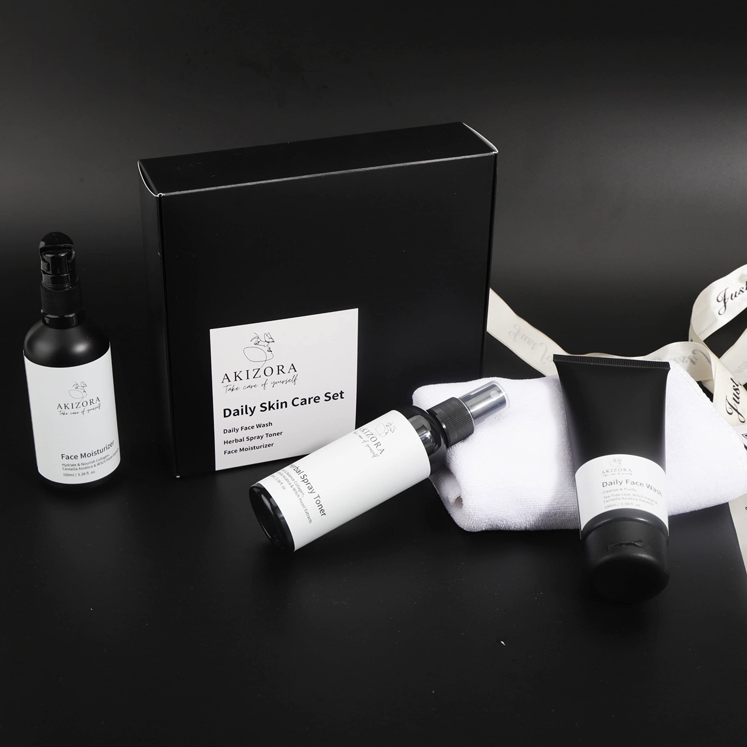 AKIZORA Coffret Soin Visage Homme – Gel Nettoyant Tea Tree, Lotion Tonique Purifiante & Crème Régénérante Collagène – Routine Quotidienne Fraîcheur & Hydratation – Idée Cadeau Masculine