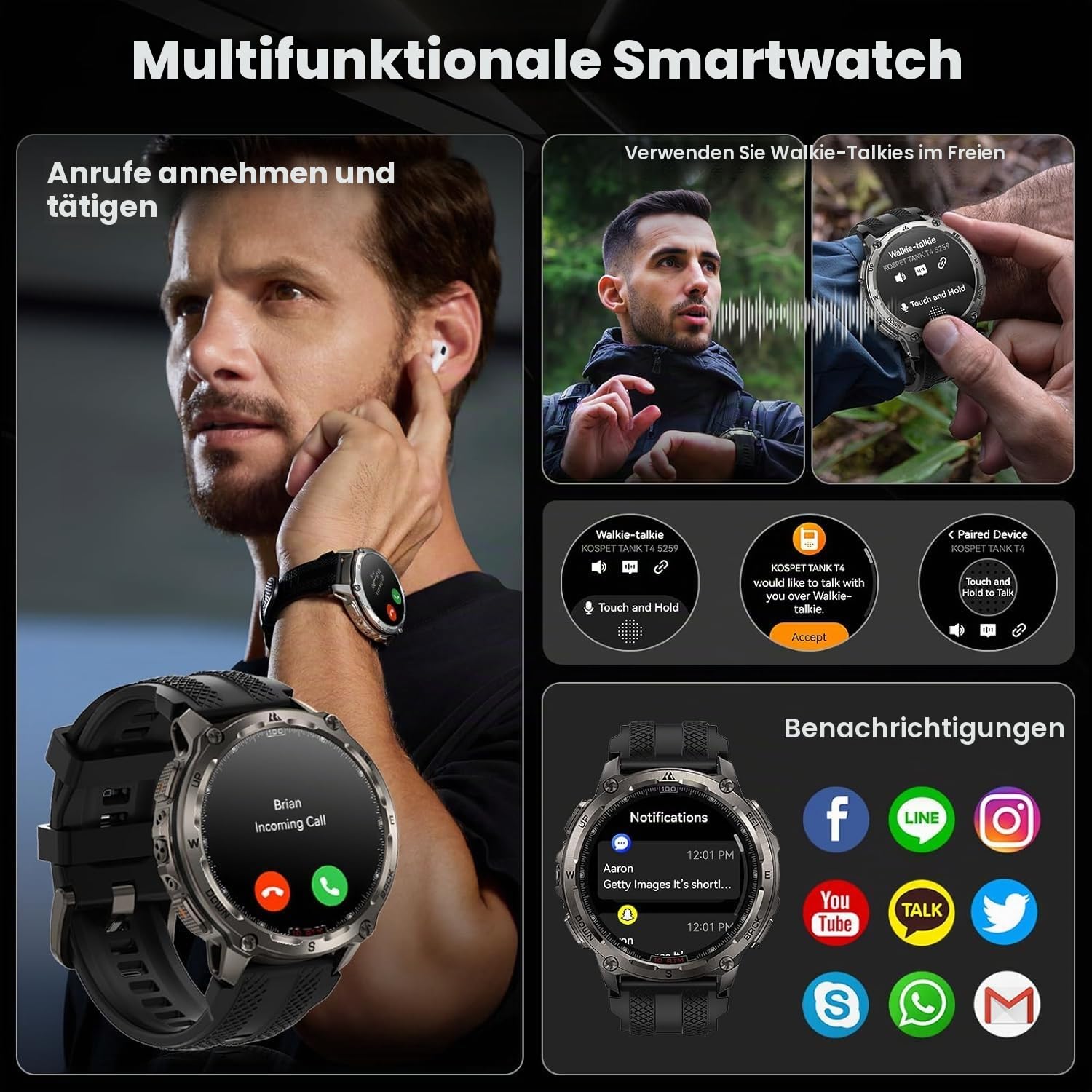 KOSPET Tank T4 GPS Smartwatch Herren, Voll Edelstahl, Offline-Karten | Robuste Militär Watch, 1,43" AMOLED, 10ATM Wasserdicht (45 m Tauchen), 180+ Sportmodi, 24/7 Herzfrequenz/Schlafmonitor