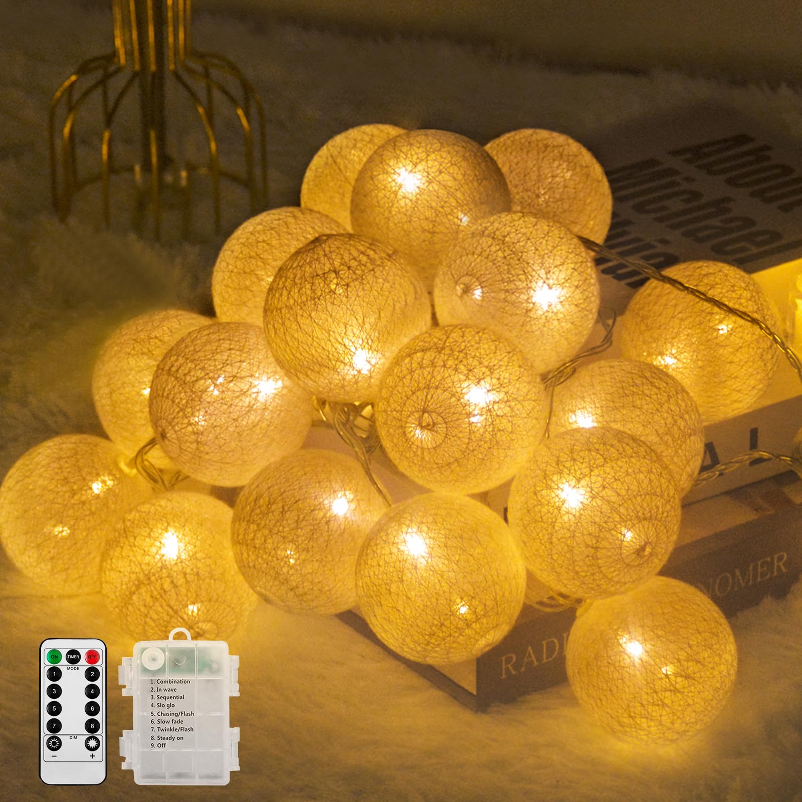 Ciskotu Baumwollkugeln Lichterkette Batteriebetrieben, 20 LED Dimmbar Cotton Ball Lichterkette mit Fernbedienung, LED Kugeln Lichterkette Innen für Kinderzimmer Weihnachten Hochzeit Party(Macaron)