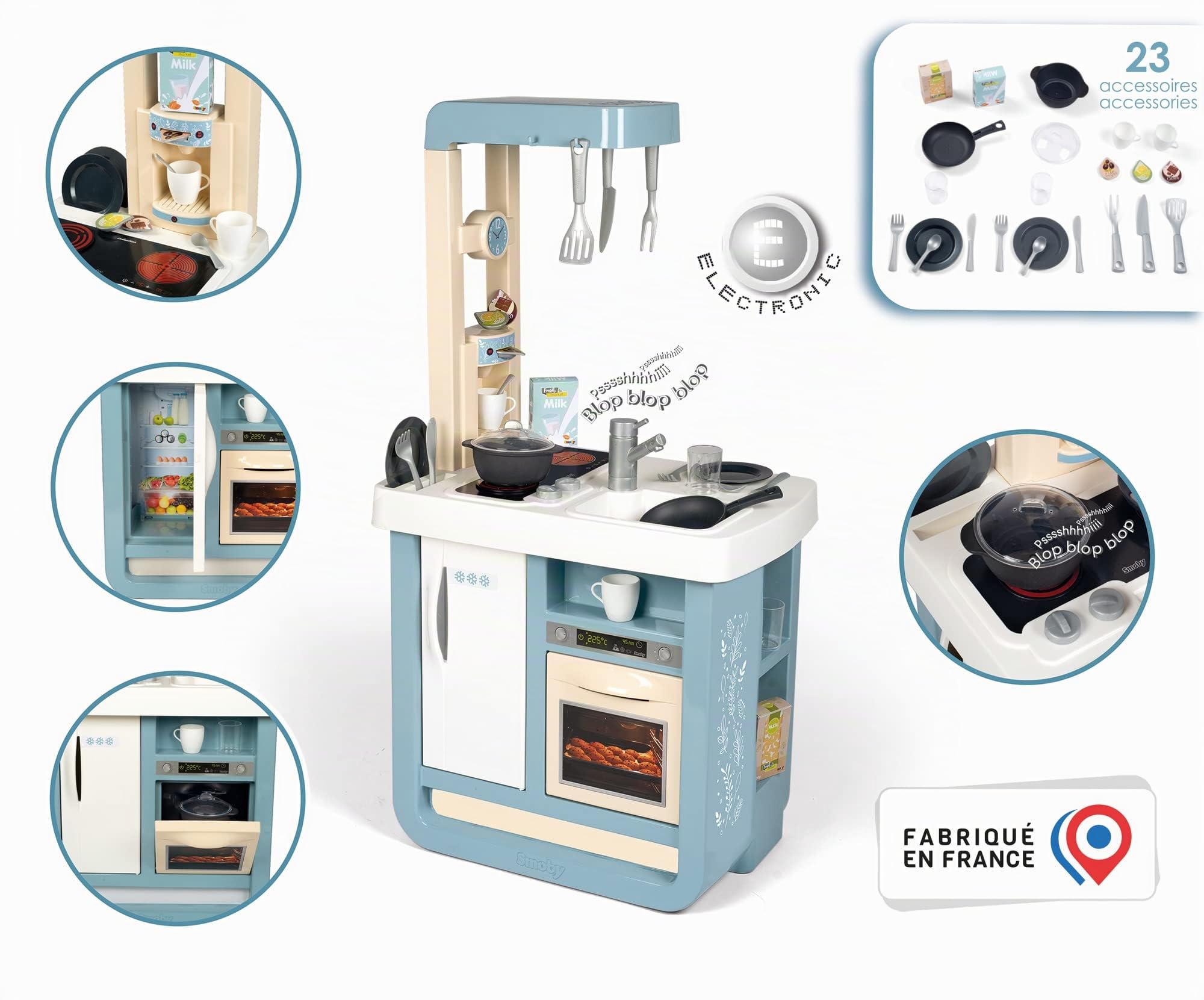 Smoby - Cuisine Bon Appétit - Design Contemporain - Stable et Solide - Plaque de Cuisson avec Effets Sonores, Evier, Four, Frigo, Machine à Expresso et Autres - 23 Accessoires - A Partir de 3 Ans