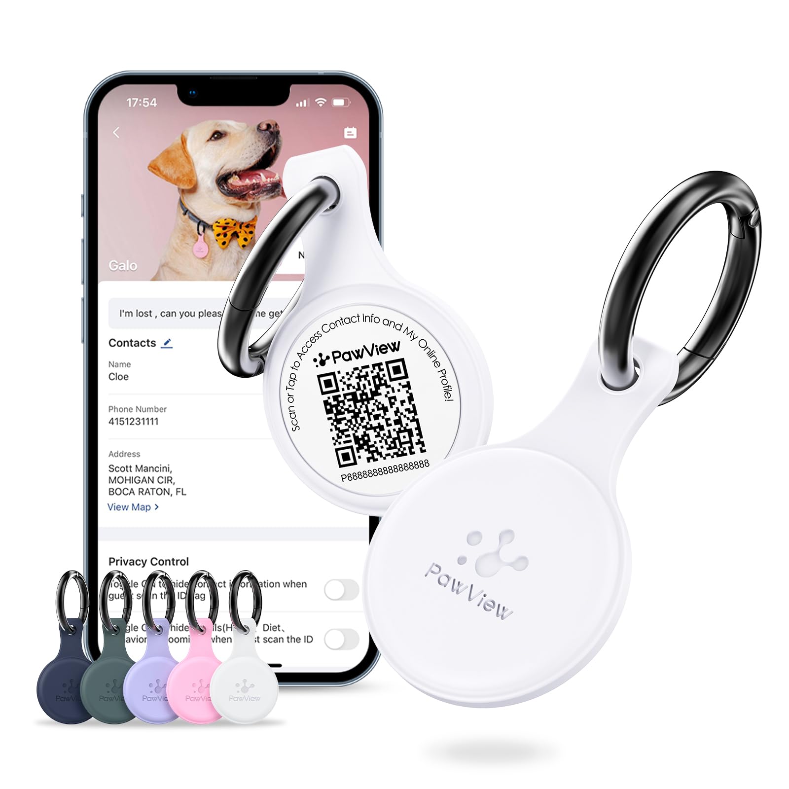 PawView Dog ID Tag with QR Code & NFC, Silent Silicone Dog Name Tags Personalized for Pets- Scan QR for Instant Location Alert, Emergency Contact and
