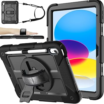 BMOUO Case for iPad A16 11th Generation 11" 2025/iPad 10th Generation 10.9 inch 2022, 360 Rotating Stand & Pencil Holder & Hand & Shoulder Strap Shockproof iPad 11th/10th Generation Case, Black