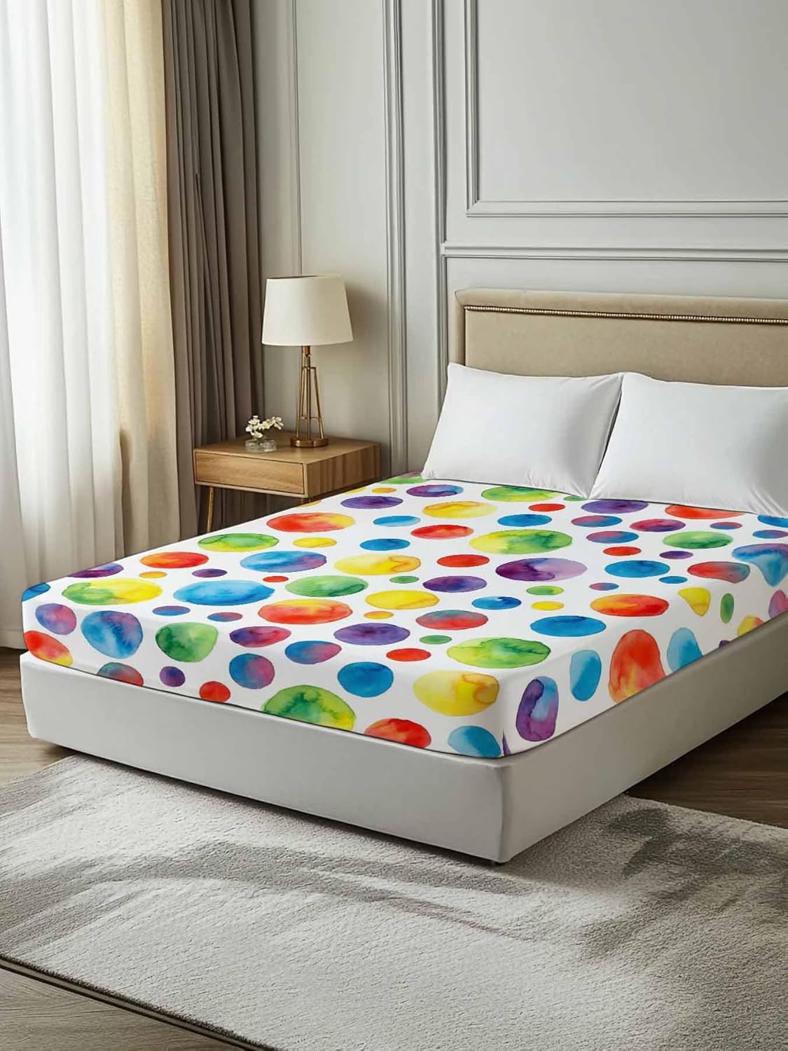 Top Sheet Full Bedding Flat Sheet Only, Seamless Colorful Polka Dots Microfiber Bed Sheets Soft Breathable Bedding Flat Sheets, Watercolor Circle on White Hotel Luxury Top Sheets