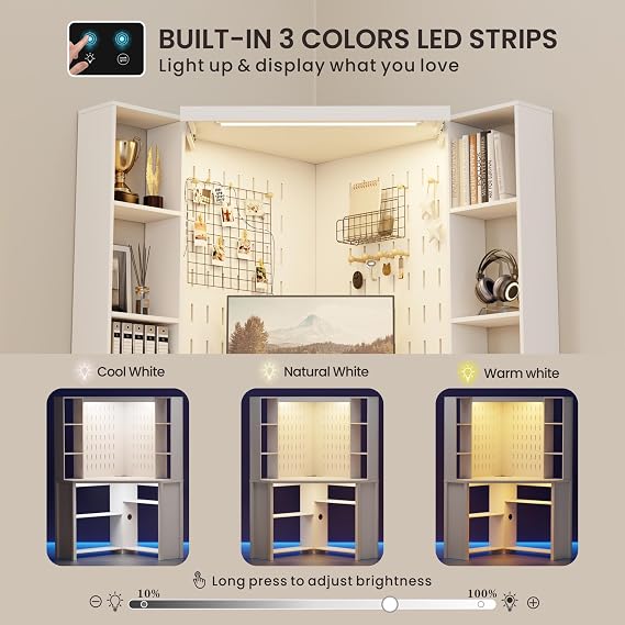 Corner Desk with LED Reading Lights, L Shaped Computer Desk with Hutch & Shelves, Triangle Home Office Desk w/ Charging Station for Work & Study, File Cabinet Storage Bookshelf for Small Space (White)