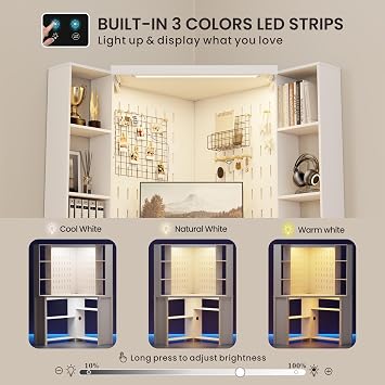 Corner Desk with LED Reading Lights, L Shaped Computer Desk with Hutch & Shelves, Triangle Home Office Desk w/ Charging Station for Work & Study, File Cabinet Storage Bookshelf for Small Space (White)
