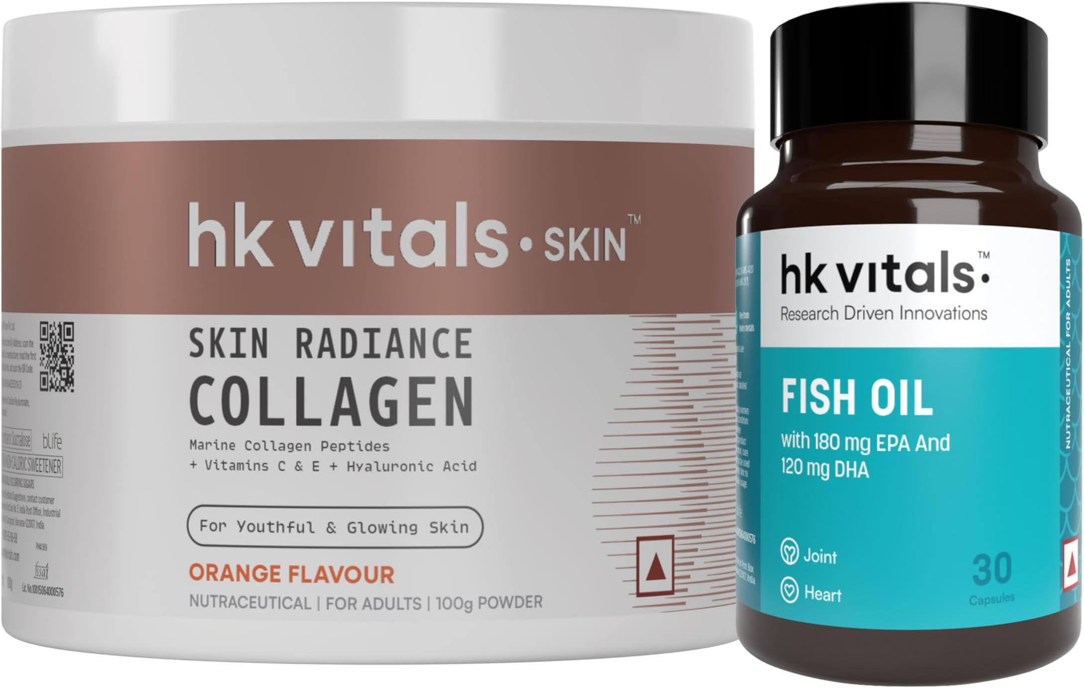 hk vitals Marine Collagen Supplements (Orange, 200g) & Fish Oil Omega 3 Capsule 1000mg (30 Fish Oil Capsules) (180mg EPA & 120mg DHA) | Combo Pack
