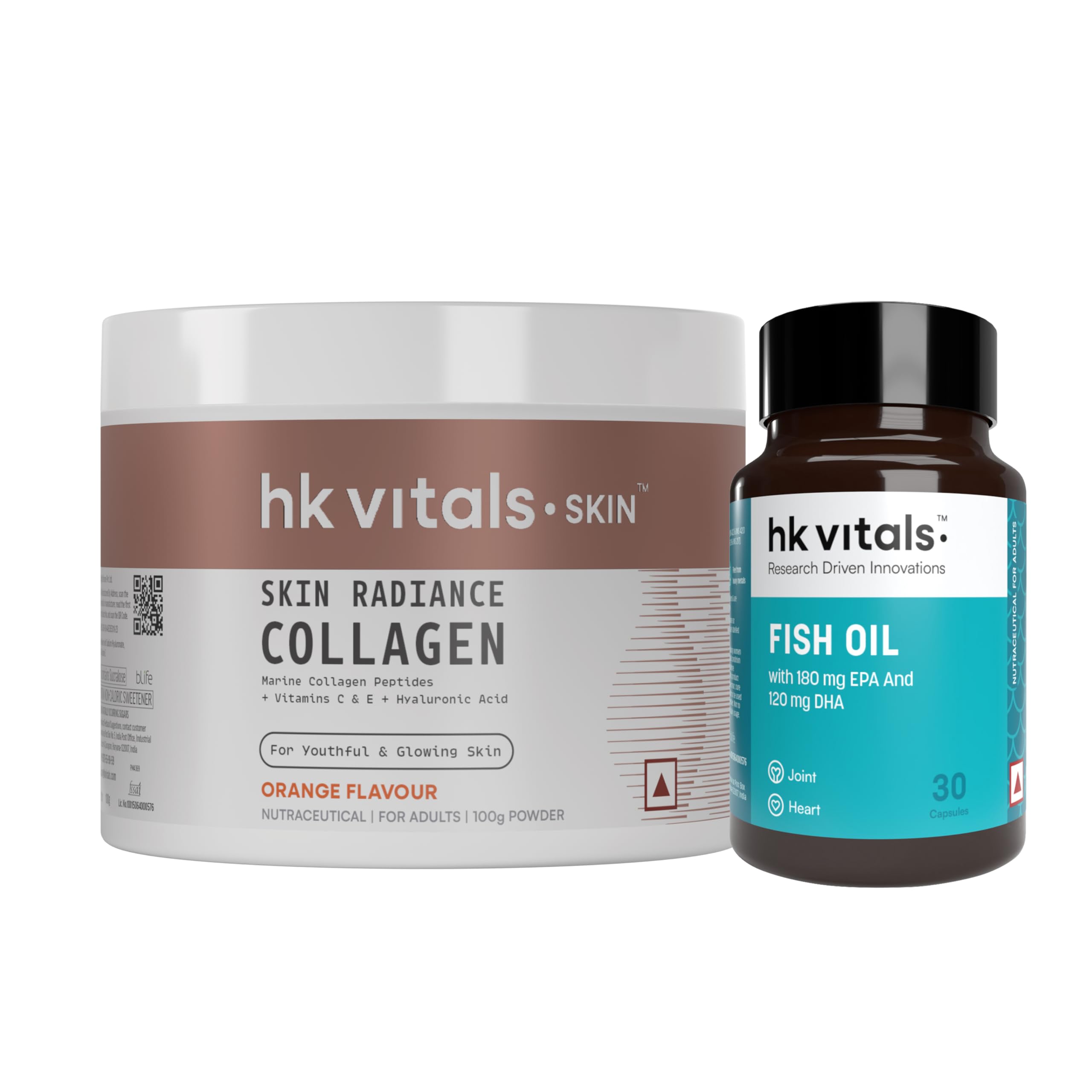 hk vitals Marine Collagen Supplements (Orange, 200g) & Fish Oil Omega 3 Capsule 1000mg (30 Fish Oil Capsules) (180mg EPA & 120mg DHA) | Combo Pack