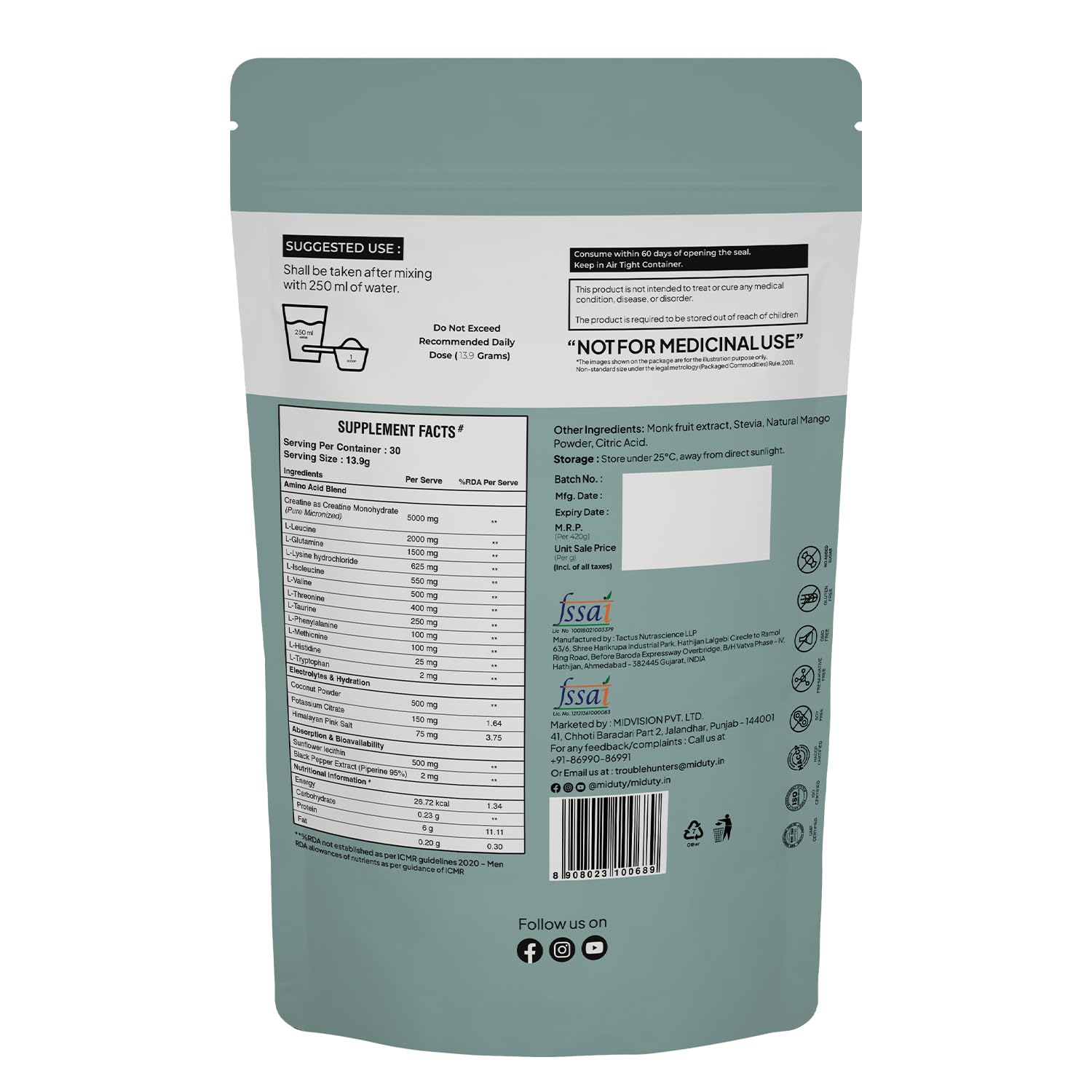 Miduty 5X Clean Aminos Powder - 5g Creatine + BCAA & EAA Blend - Electrolytes, Taurine & L-Glutamine - Natural Mango Flavor - Workout Recovery, Muscle Support - 420g - Image 7 thumbnail
