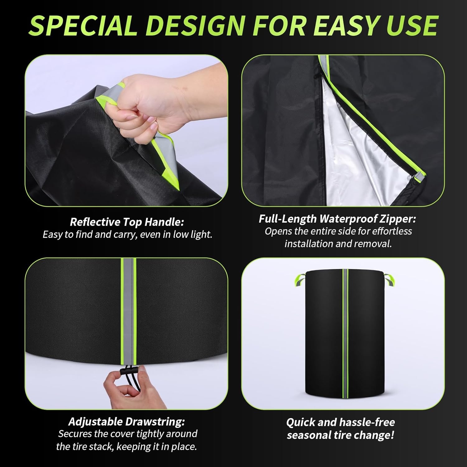 Tire Cover for 4 tires, 420D Oxford Waterproof Up to 33in Tire Storage Bag with Reflective Handle 4 Felt Pads, Seasonal Tire Cover W/Zipper & Drawstring Lock for UV Protection, Dirt-Resistant