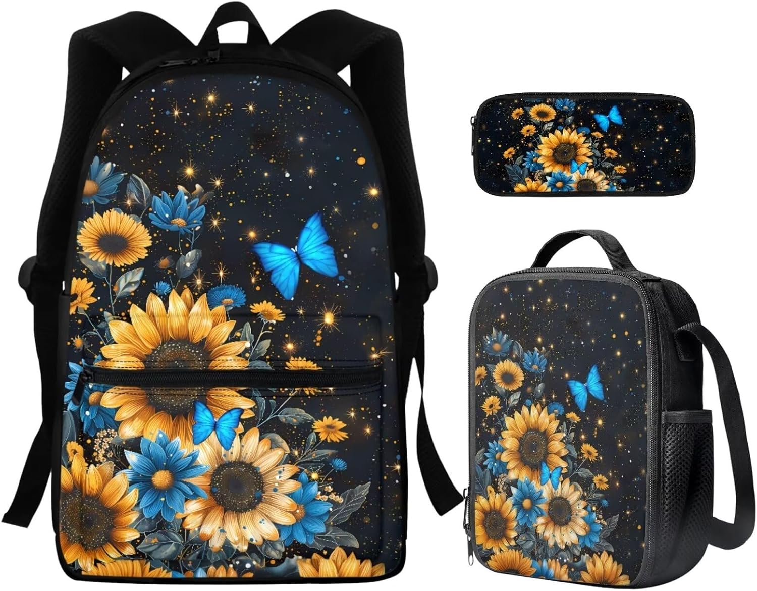 3PCS Sunflower Butterfly Backpack for Girls Blue Daisy Bookbag and School Bag with Lunch Box Pencil Case for Middle High School Students Lightweight New Backpack 3 in 1 Set for Teens
