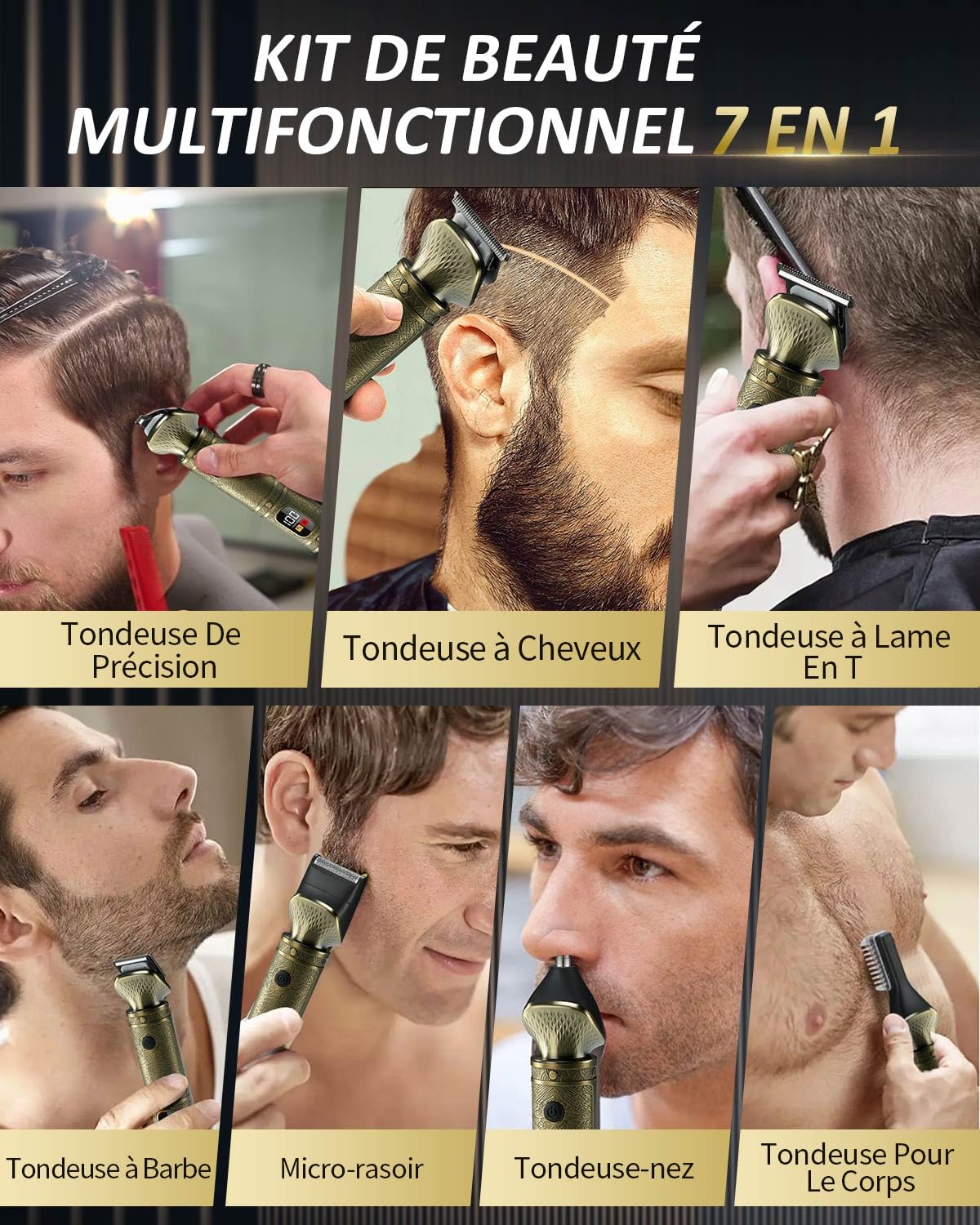 7 en 1 Tondeuse Barbe Homme Tondeuse Cheveux Professionnel, Lame en T Rasoir Électrique Kit avec Écran LED, USB C Rechargeable, Technologie Silencieuse, Etanche Tondeuse Corps Homme pour Cadeau/Salon