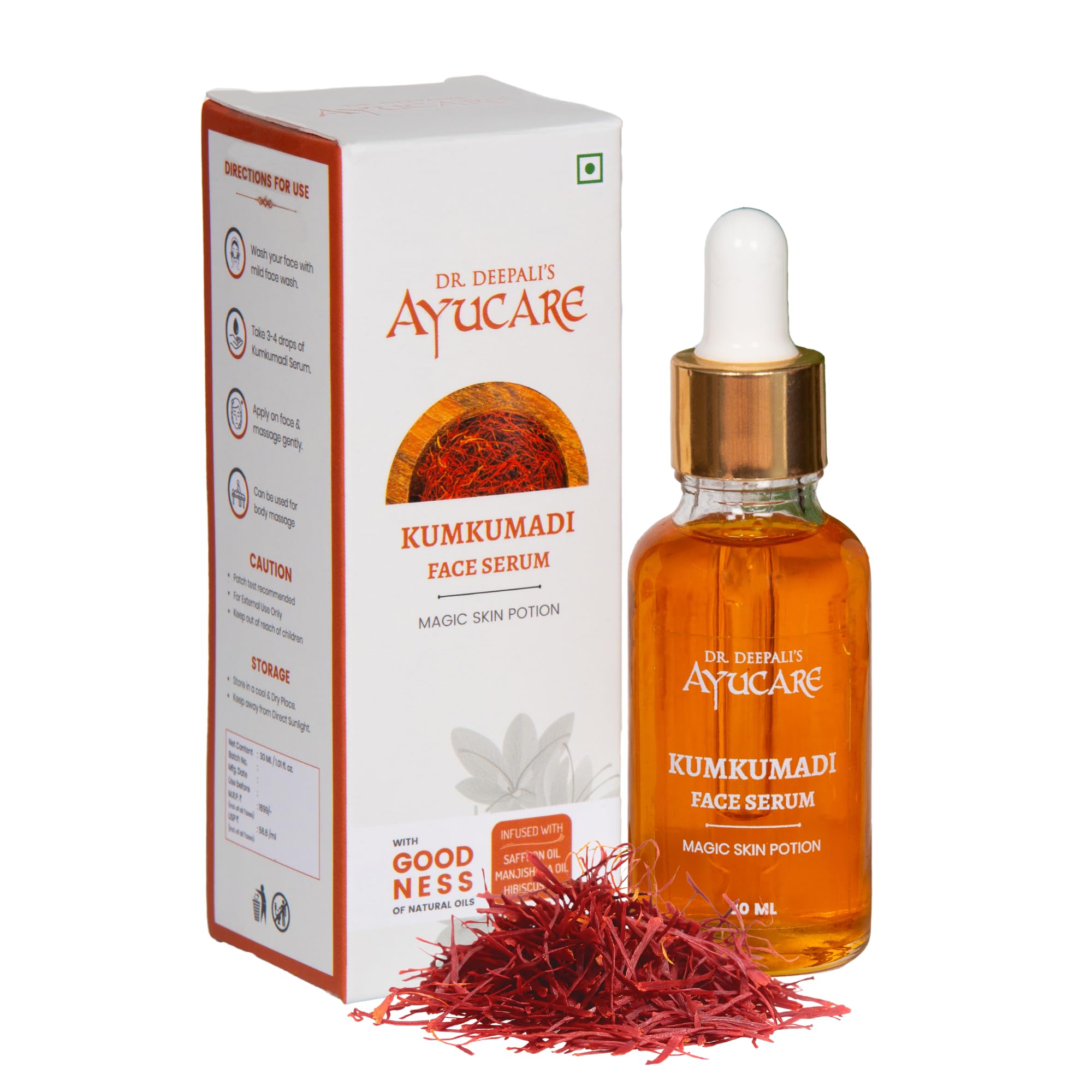 Dr. Deepali's Ayucare Kumkumadi (Saffron) Tailam Face Serum (30 ml) for Radiant and Glowing Skin, Pack of 1