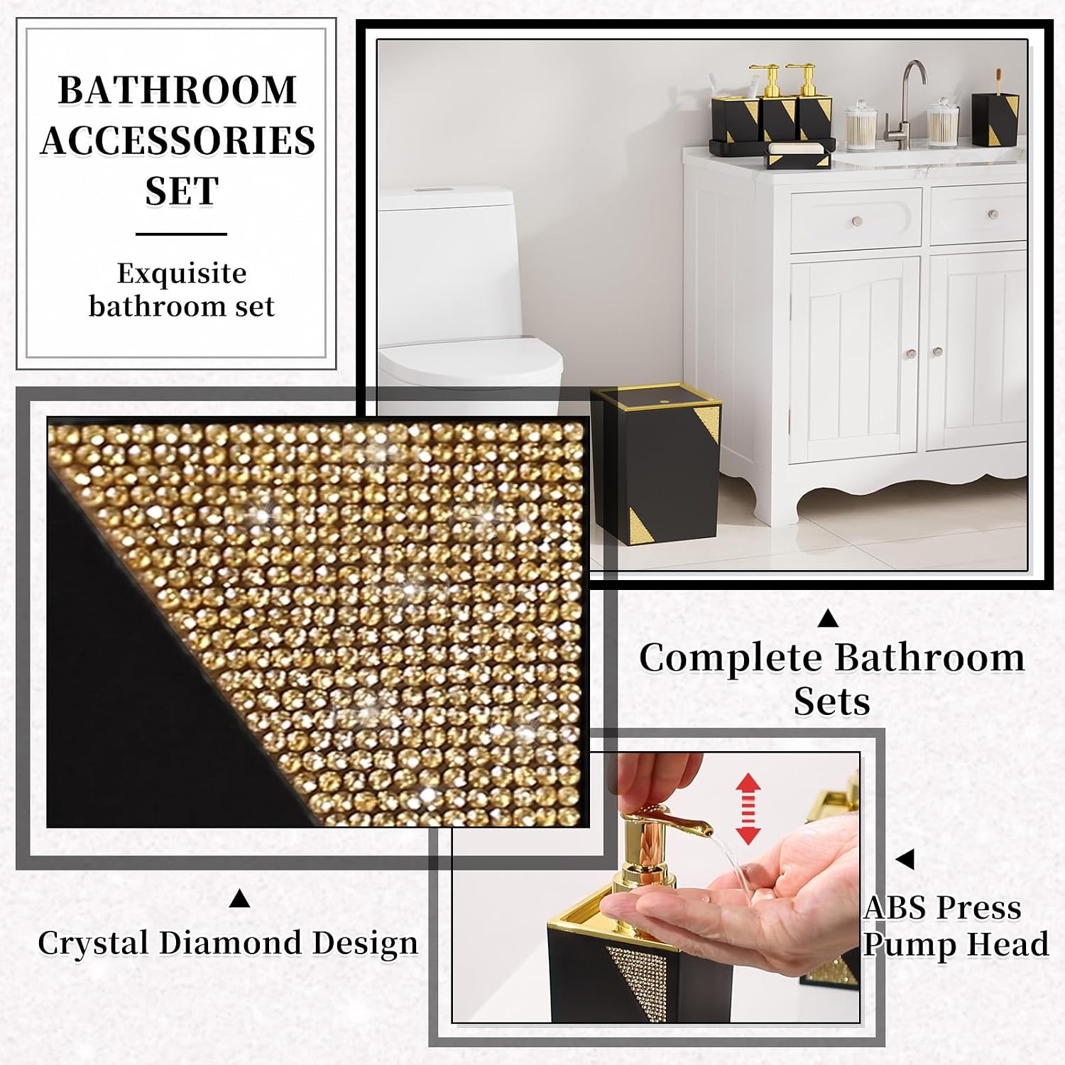 Black Bathroom Accessories Set - Luxurious Bathroom Accessory Decor | Gold 10PC Bath Decor Sets with Toilet Brush, Pop Up Trash Can, Qtip Holder & Soap Dispenser