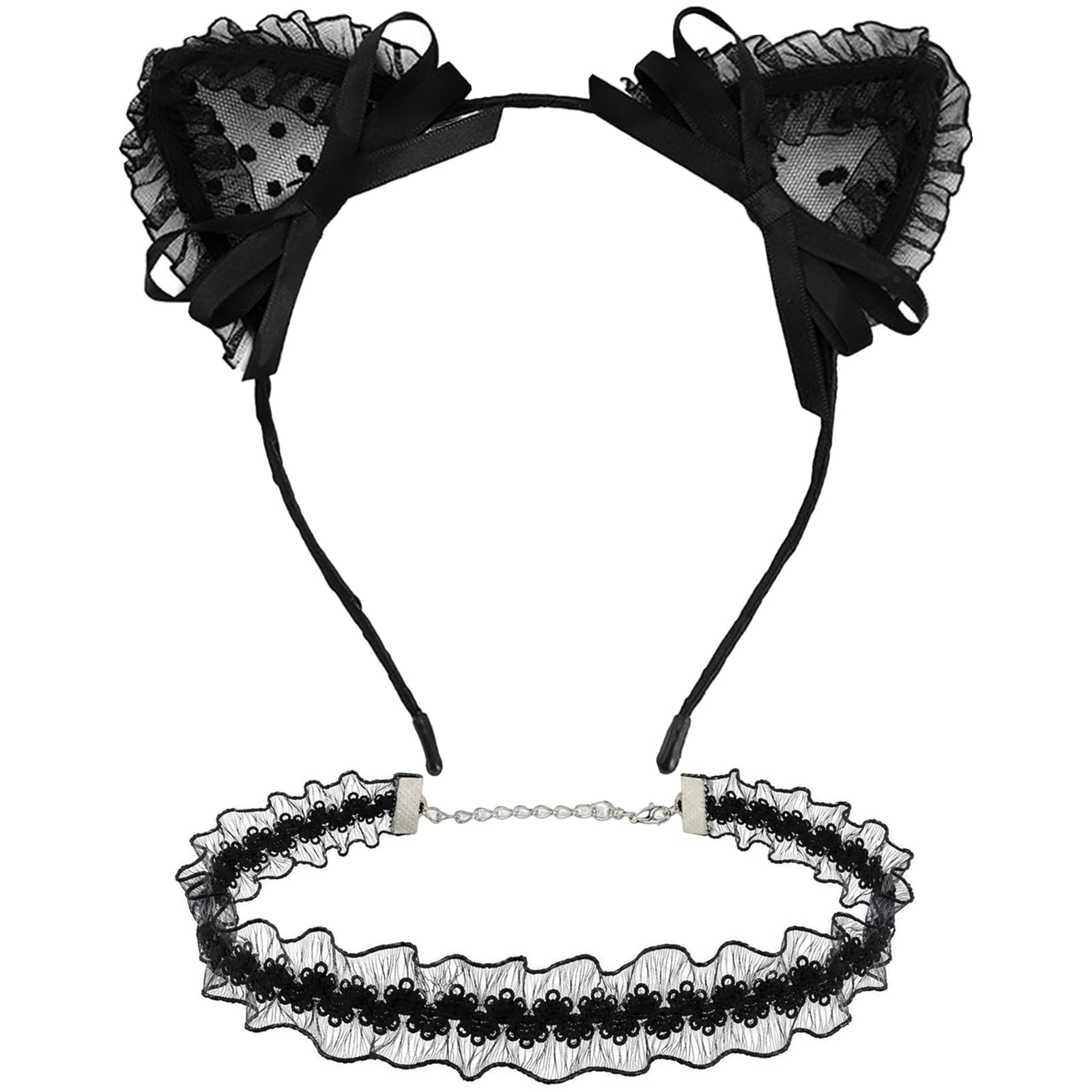 2Pcs Black Lace Cat Ear Headband & Collar for Women, Halloween Fancy Dress Cosplay Party Role Play Cats Costume Accessory