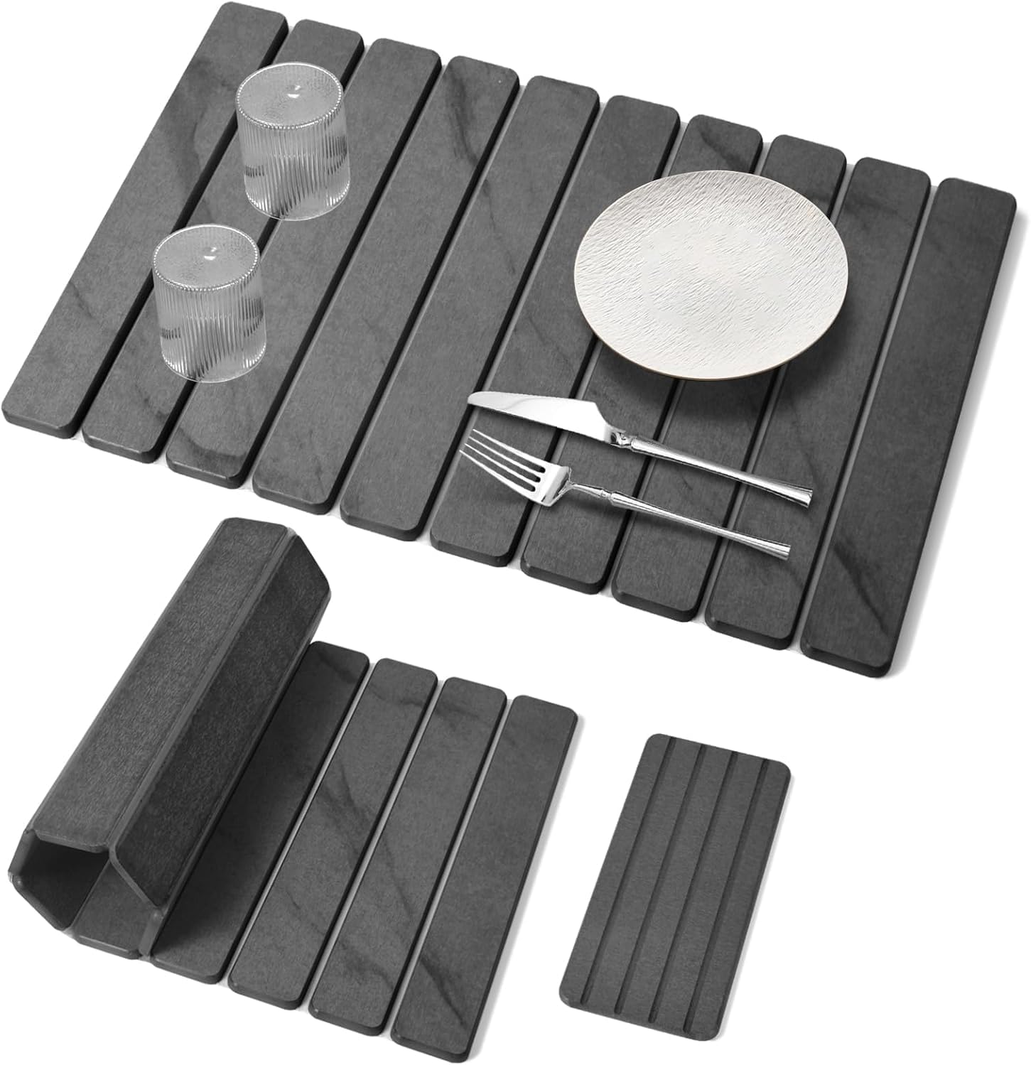 Large Stone Dish Drying Mats for Kitchen Counter, 61"(L)×41"(W) Dish Drying Mat with 20"x 10" Coasters, Collapsible Quick-Dry Diatomite Drying Mat for Dishes, Bottles & Cups【Marble Pattern 】