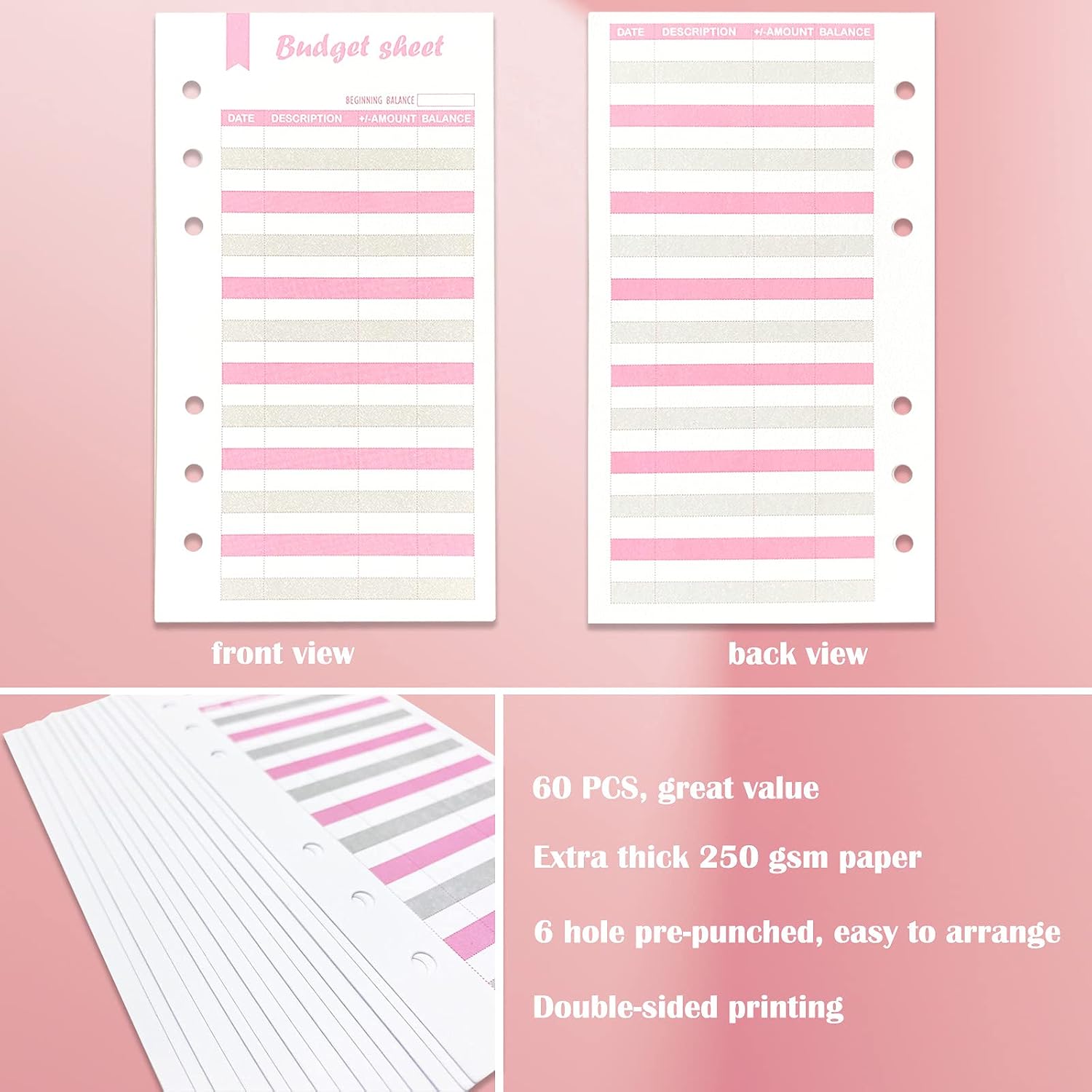 Budget Sheets for A6 Binder with Holes, Budget Sheet for Cash Envelopes, 60Pcs Expense Tracker Sheets with 3 Sheets Cash Envelope Sticker for Budget Planners