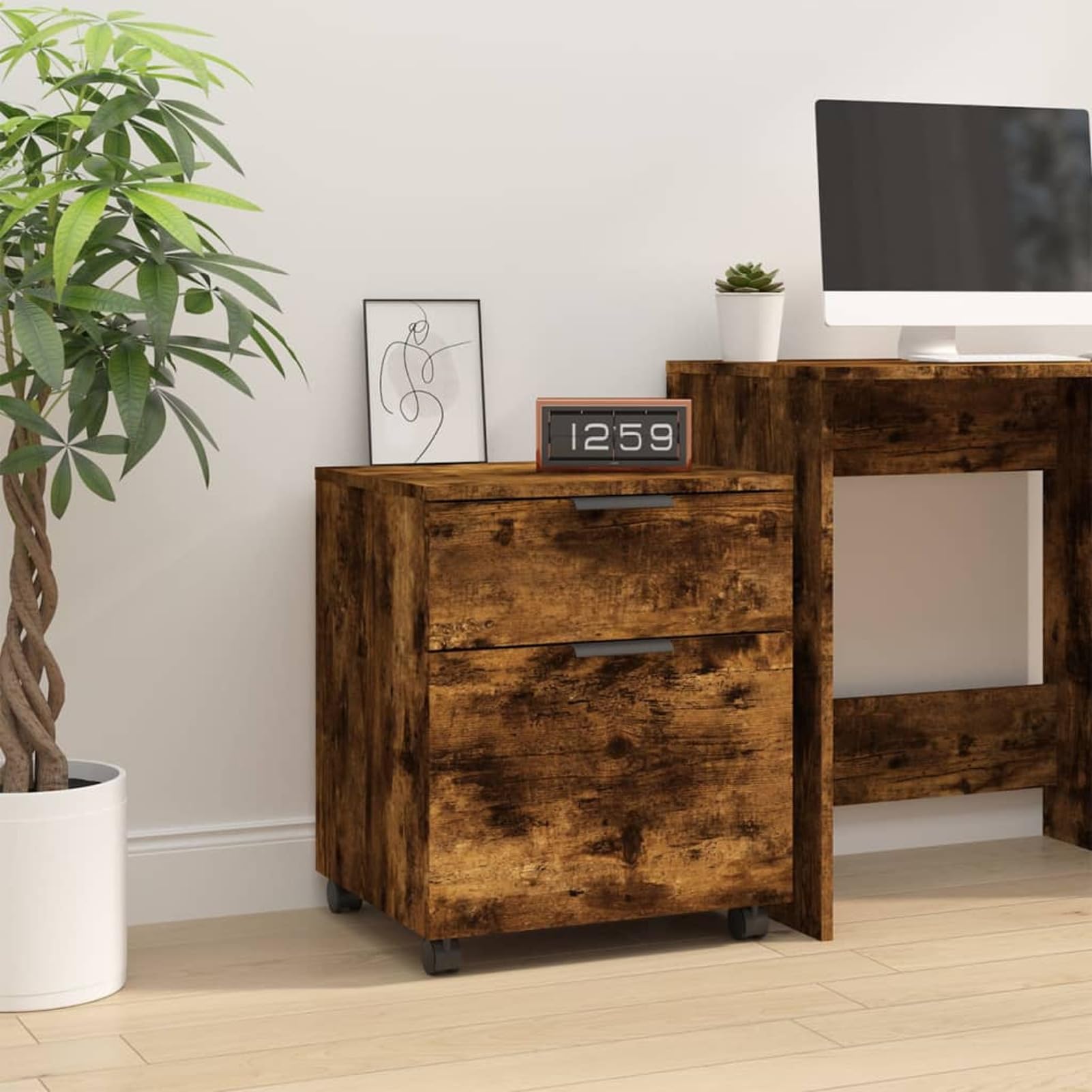 Schedario con Ruote Rovere Fumo 45x38x54 cm Legno Multistrato,Cassettiera, Mobiletto da Ufficio con Serratura,Regolabile per Cartelle Sospese, Superficie Testurizzata, per Ufficio, Studio